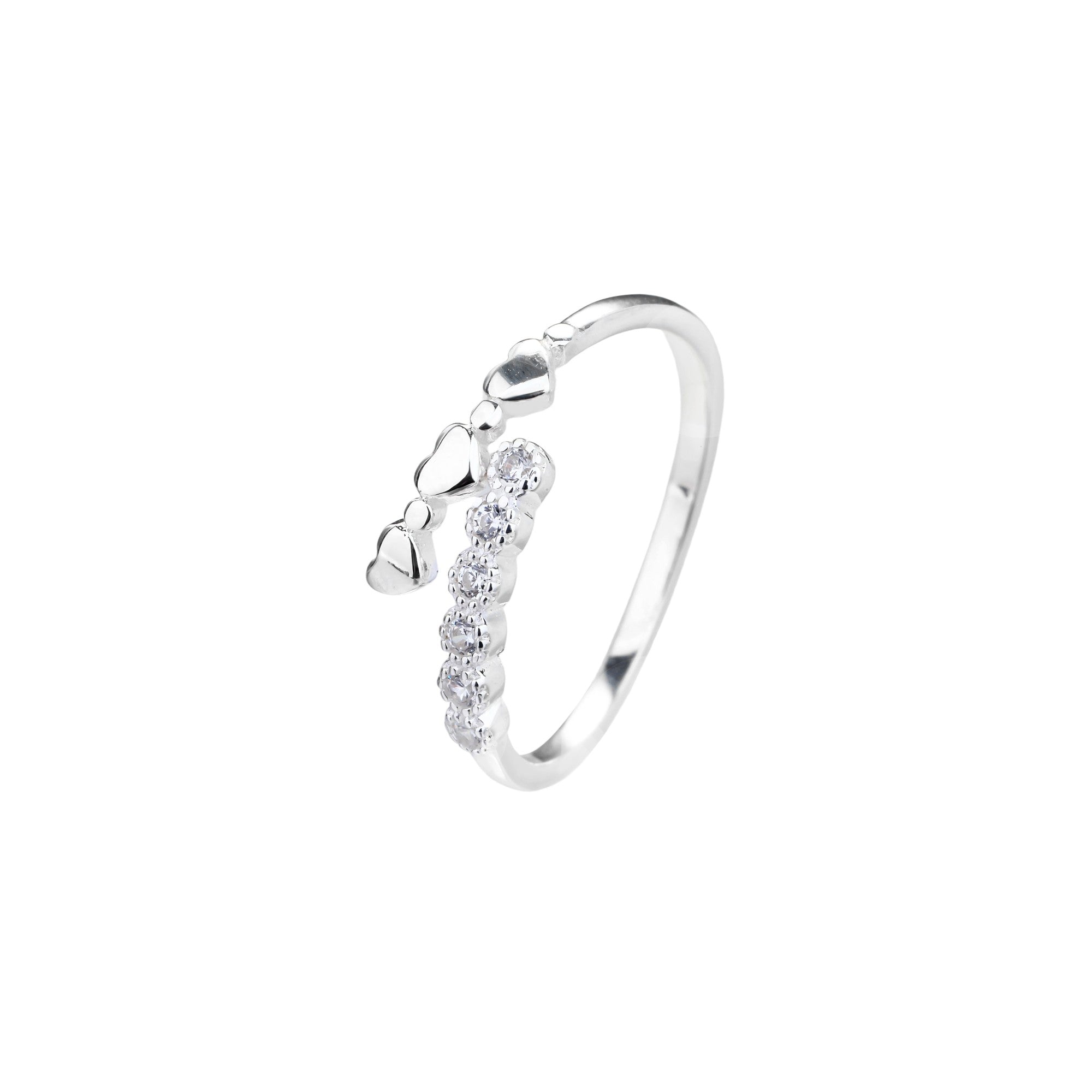 Anillo ajustable de corazones con circonia blanca en plateado