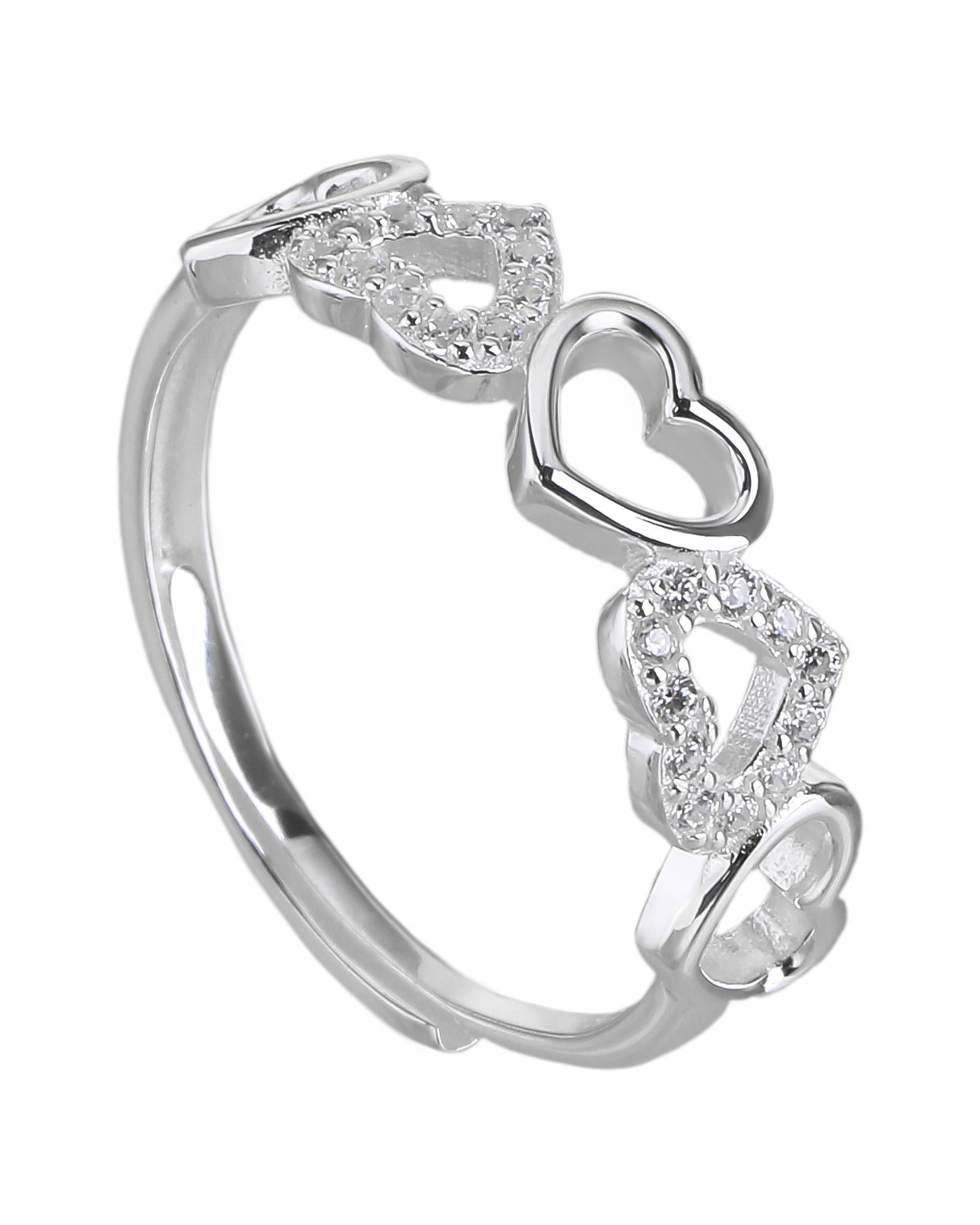 Anillo ajustable de corazones con circonia blanco en plateado
