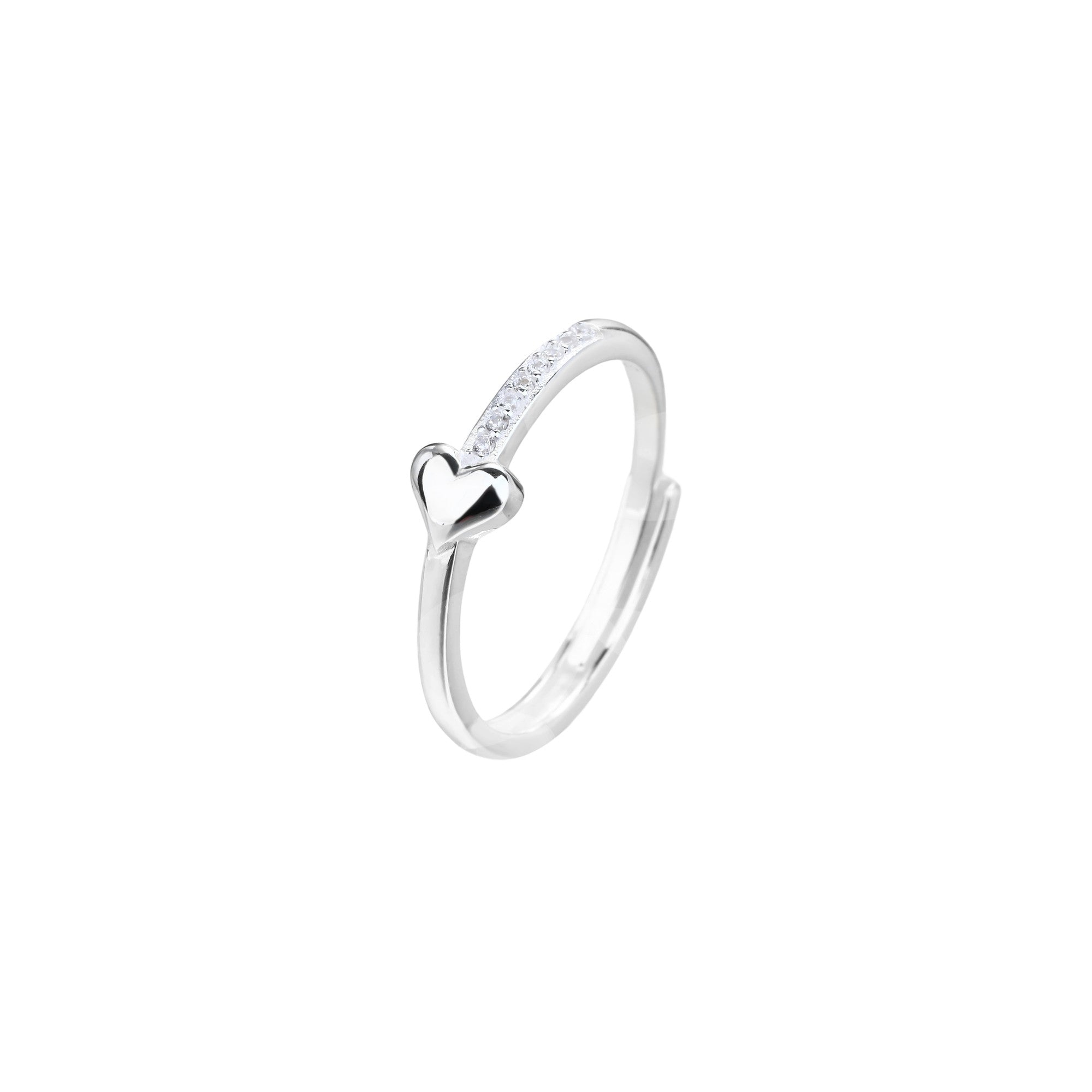 Anillo ajustable sencillo de corazon con circonia blanca en plateado