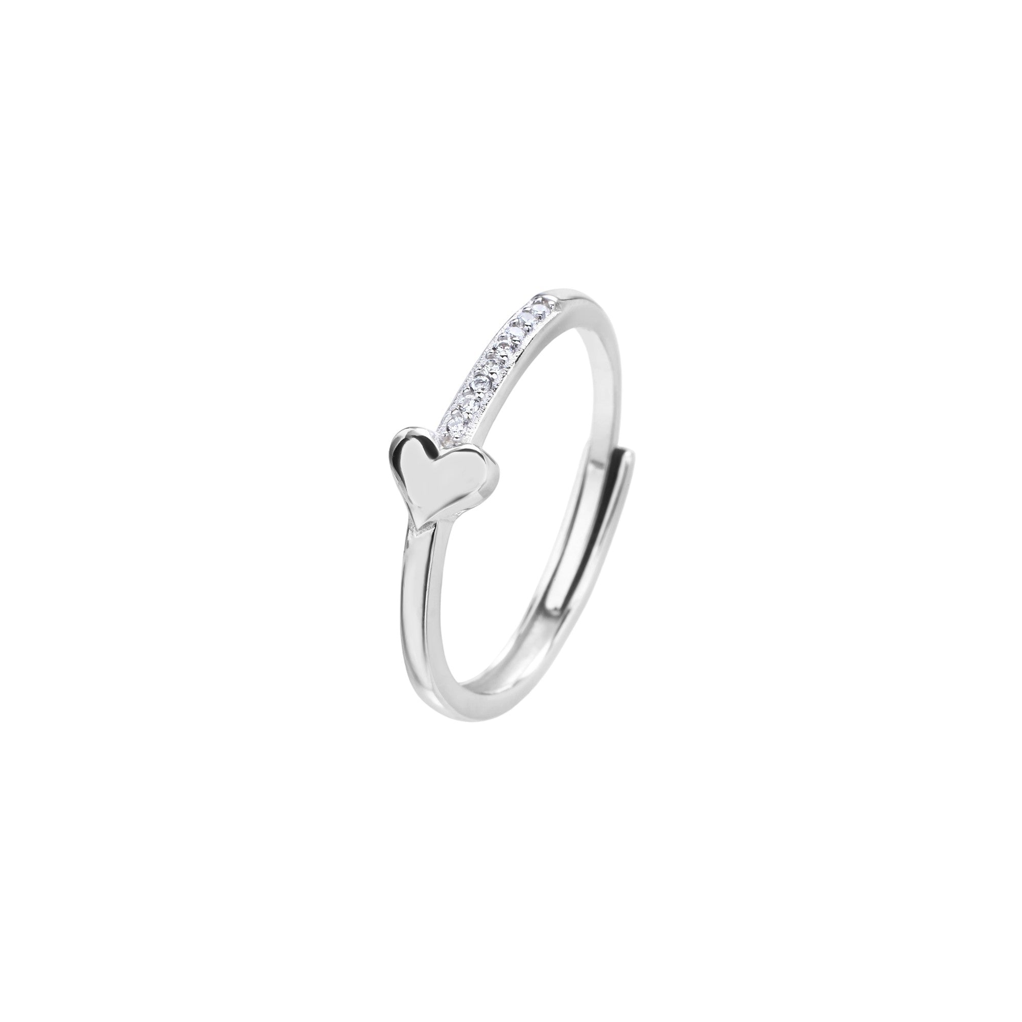 Anillo ajustable sencillo de corazon con circonia blanca en plateado