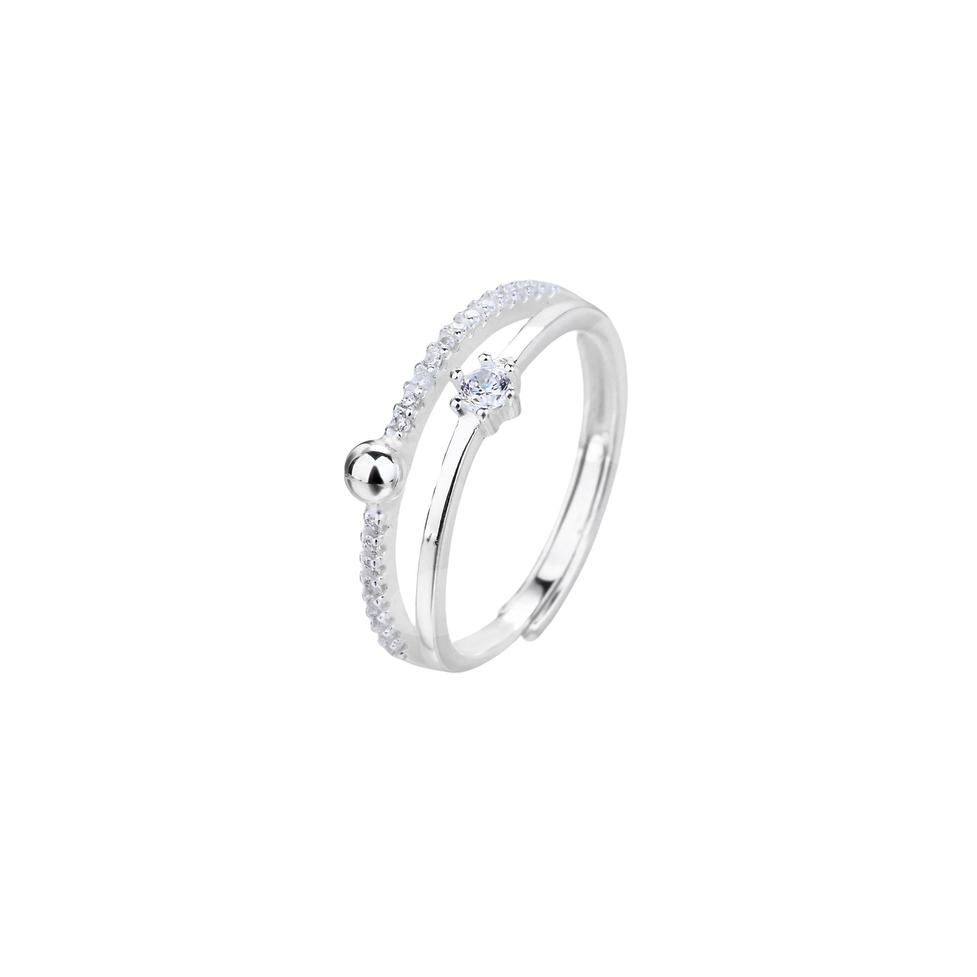 Anillo ajustable doble con circonia bola blanca en plateado