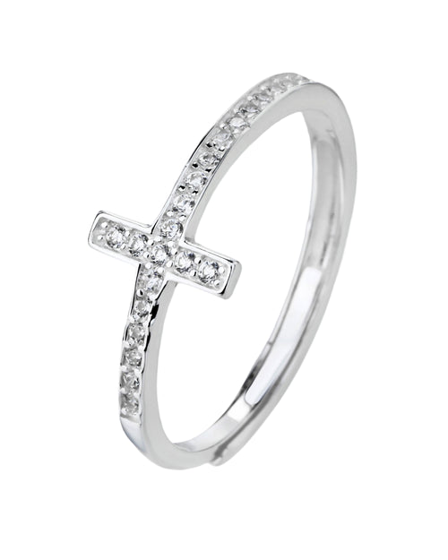 Anillo ajustable de Cruz con circonia blanca en plateado