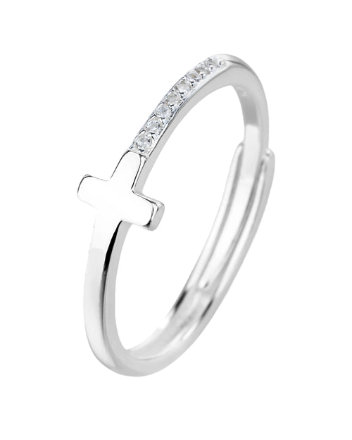 Anillo ajustable de Cruz con circonia blanca en plateado