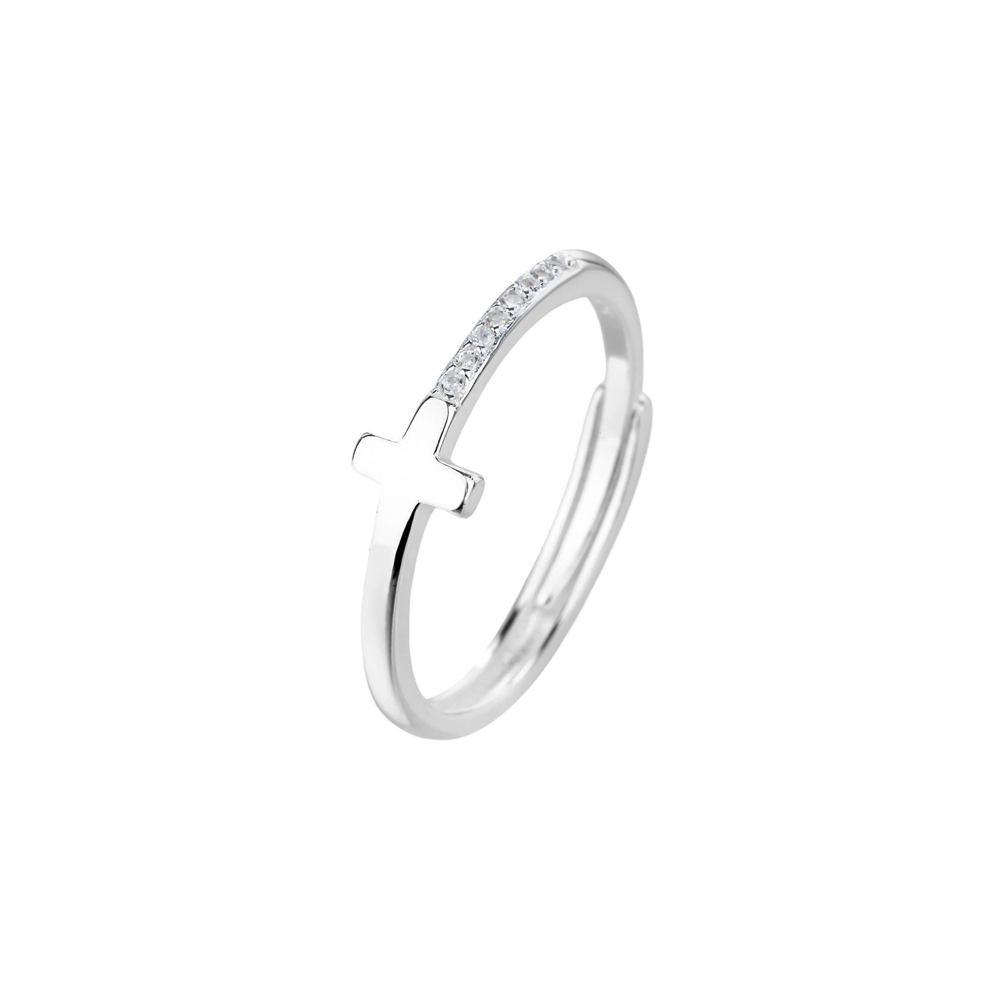 Anillo ajustable de Cruz con circonia blanca en plateado