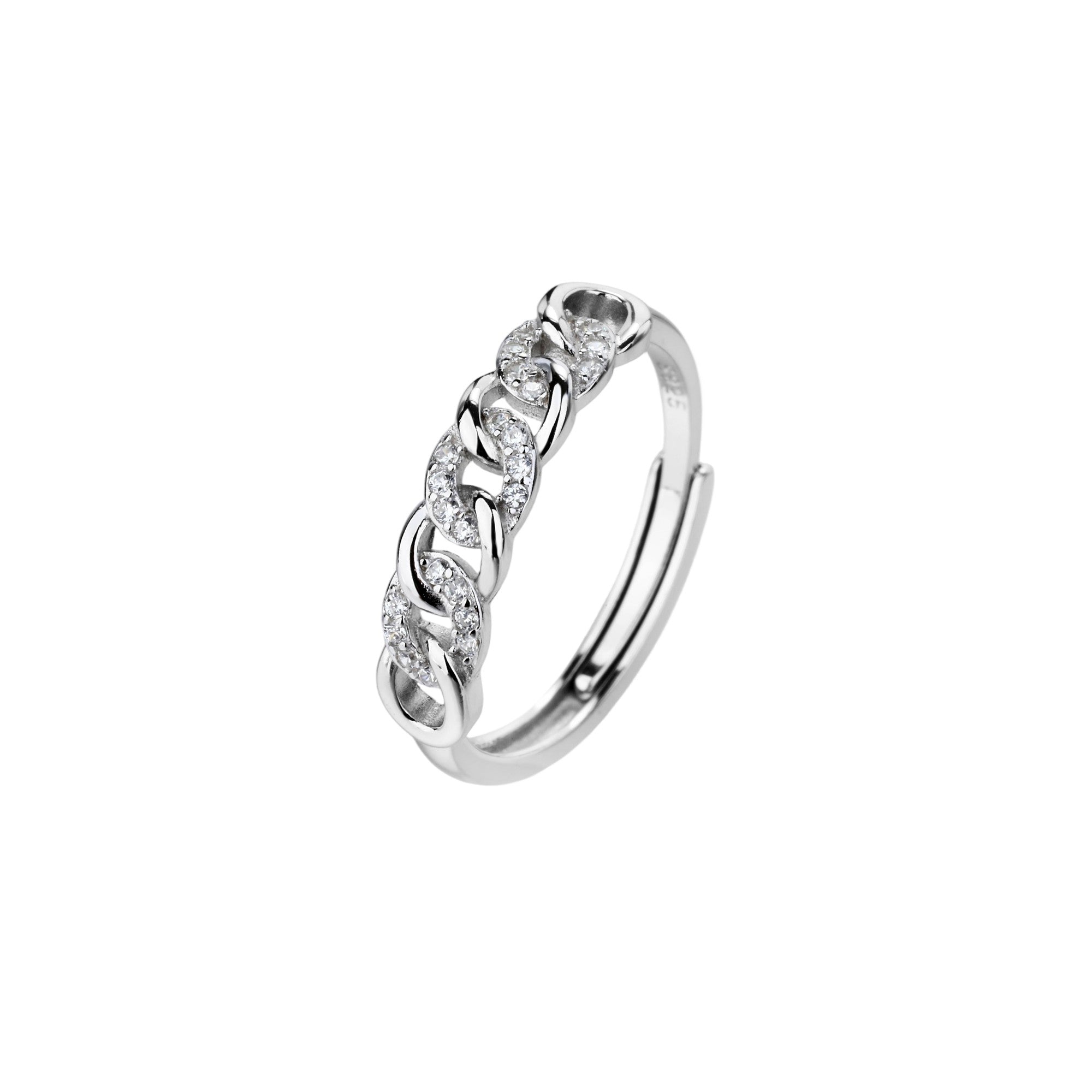 Anillo ajustable de eslabones con circonia blanca en plateado