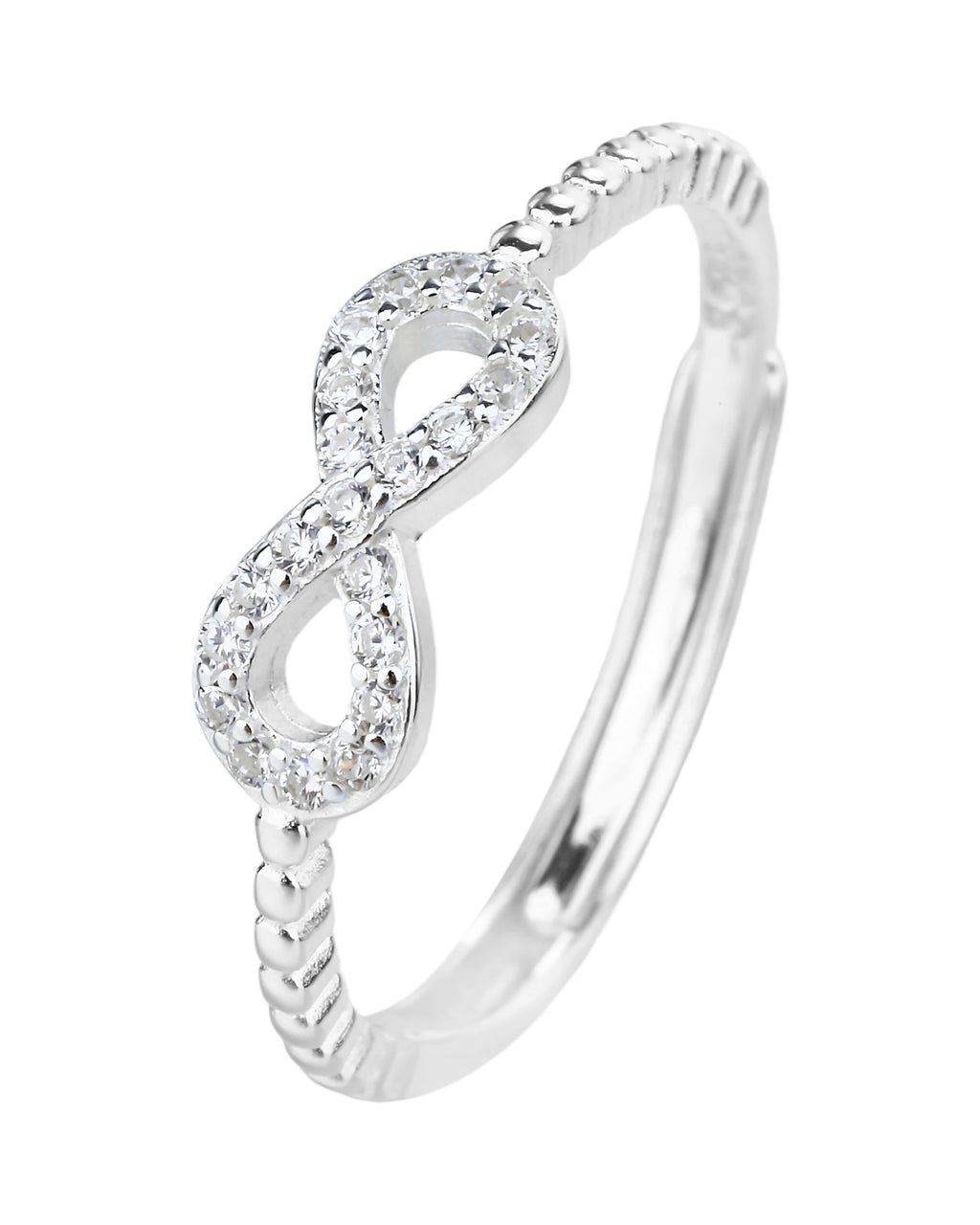 Anillo ajustable de infinito con circonia blanco en plateado