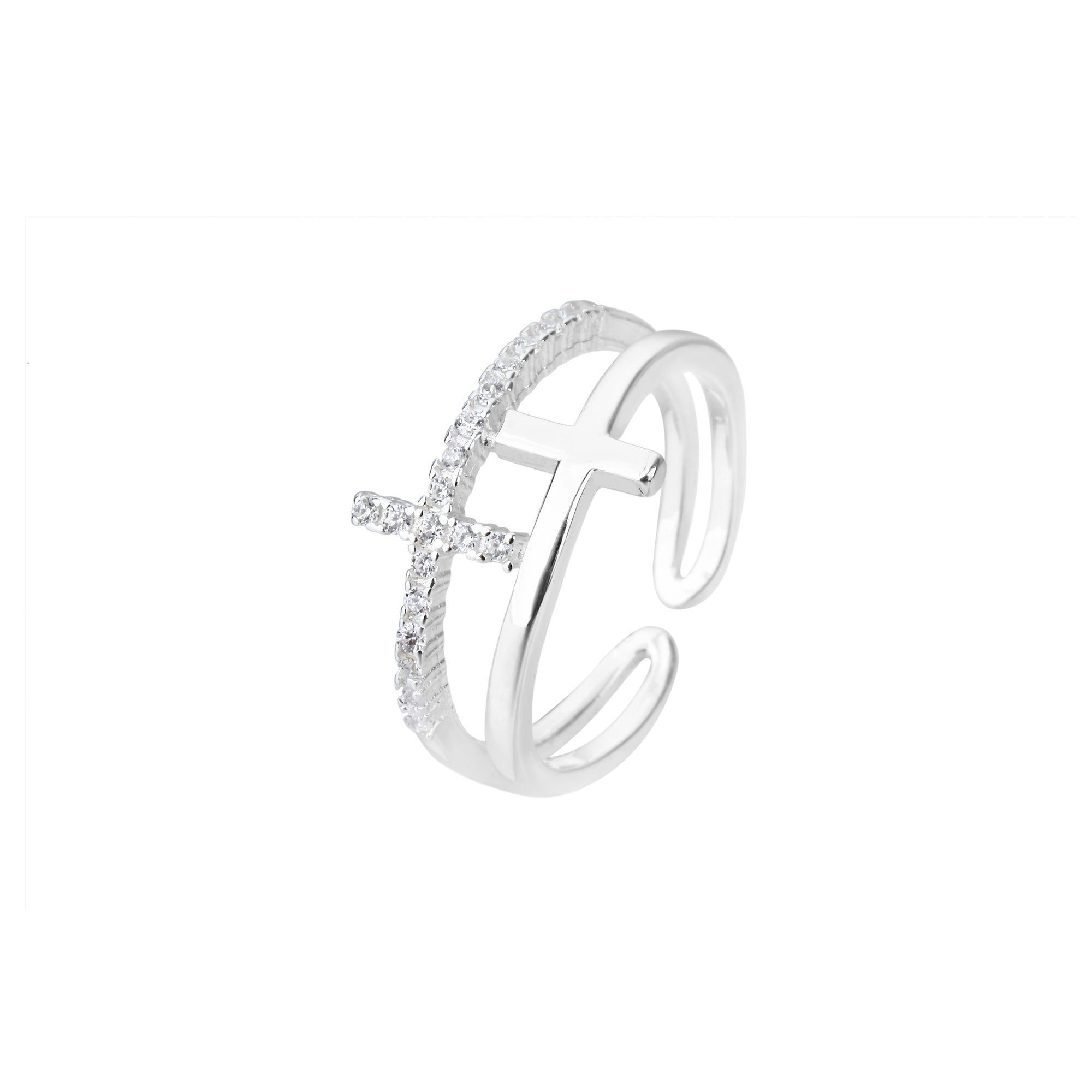 Anillo ajustable de doble Cruz con circonia blanca en plateado