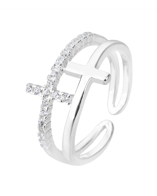 Anillo ajustable de doble Cruz con circonia blanca en plateado