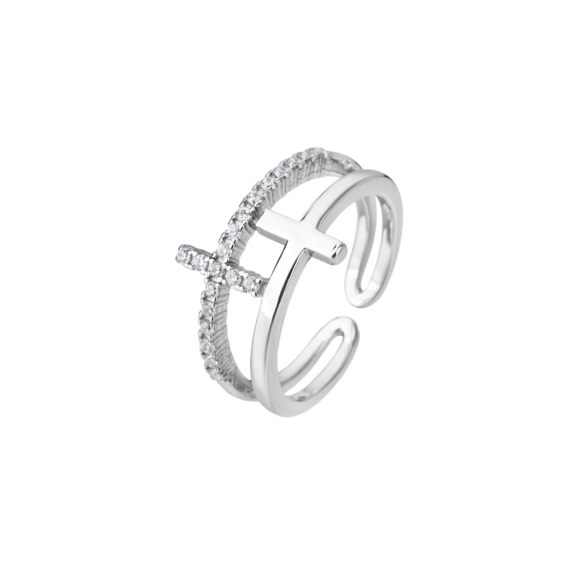 Anillo ajustable de doble Cruz con circonia blanca en plateado
