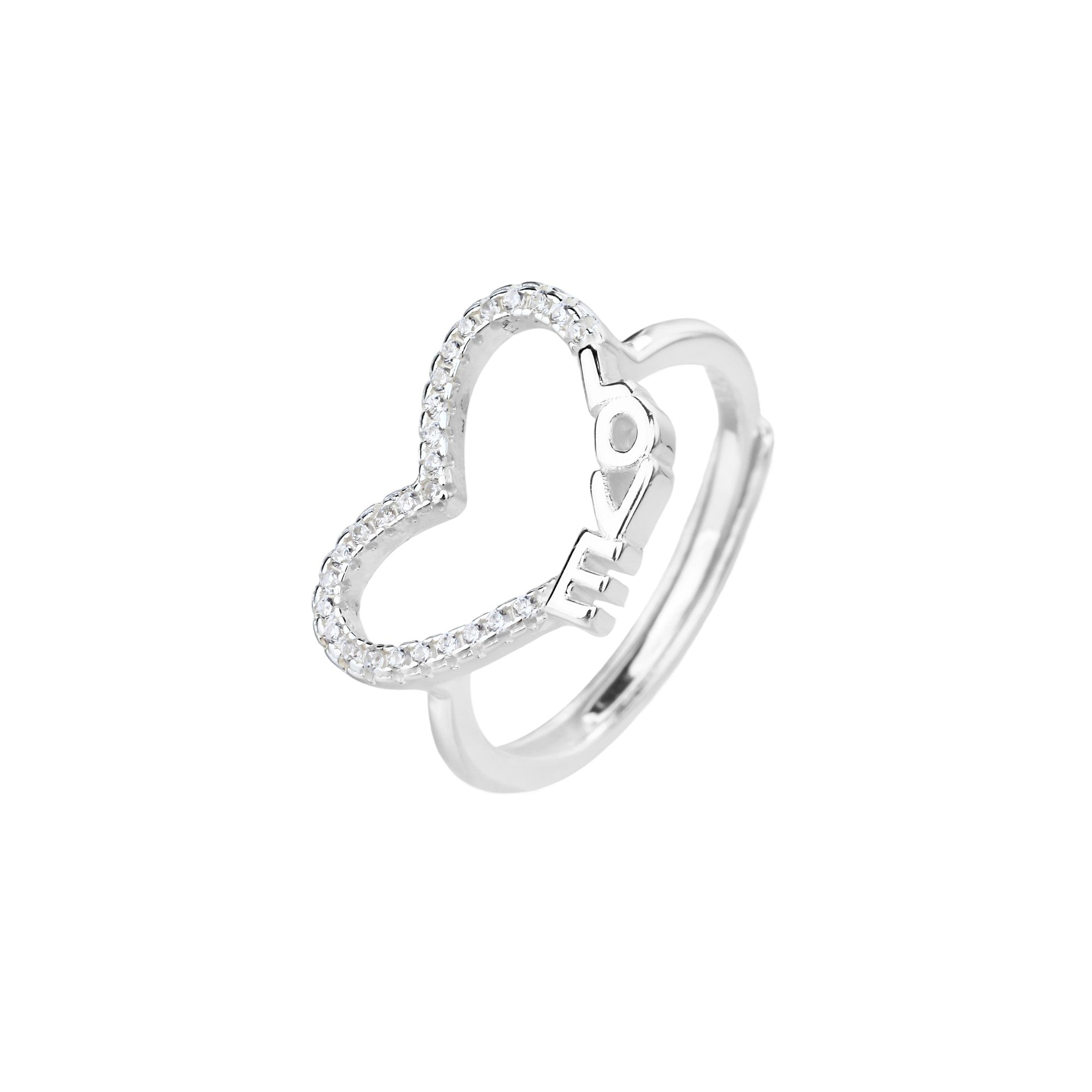 Anillo ajustable de corazon con circonia blanca en plateado