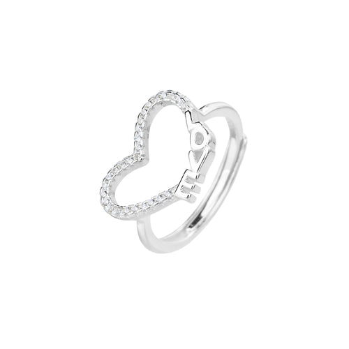 Anillo ajustable de corazon con circonia blanca en plateado