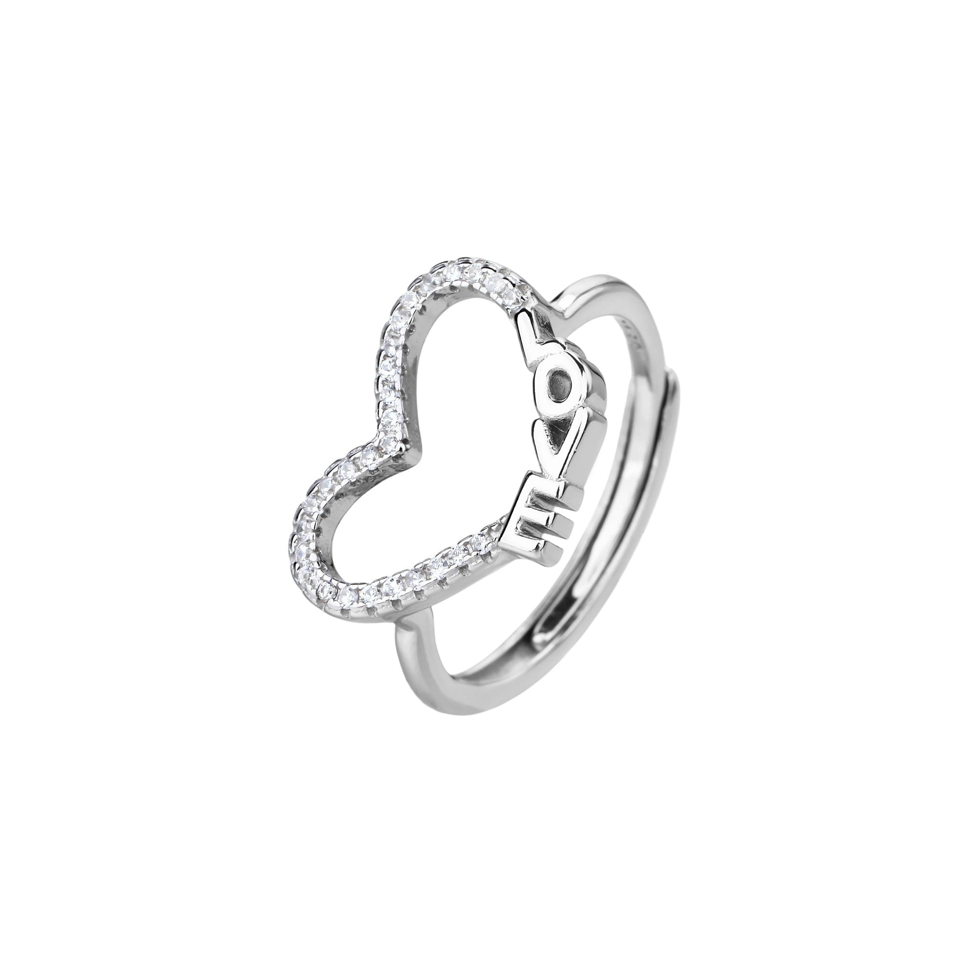 Anillo ajustable de corazon con circonia blanca en plateado
