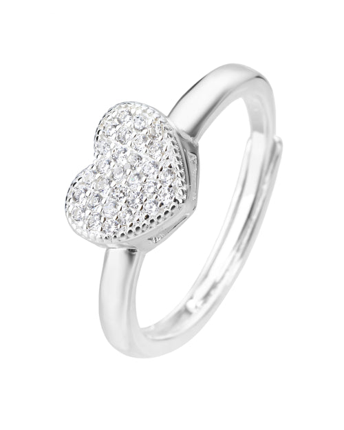 Anillo ajustable de corazon con circonia blanca en plateado