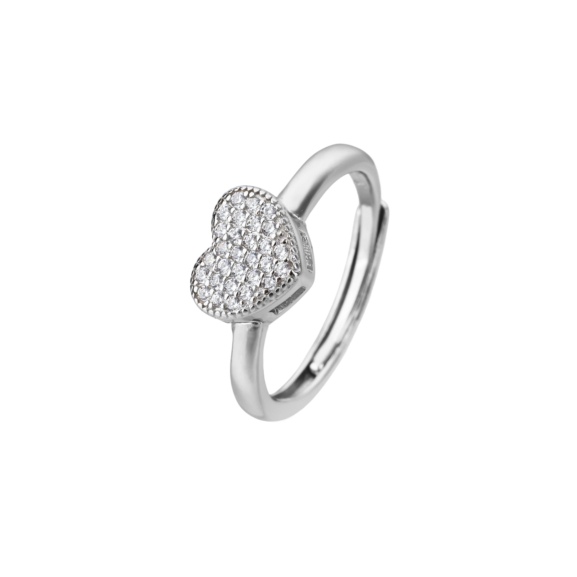 Anillo ajustable de corazon con circonia blanca en plateado