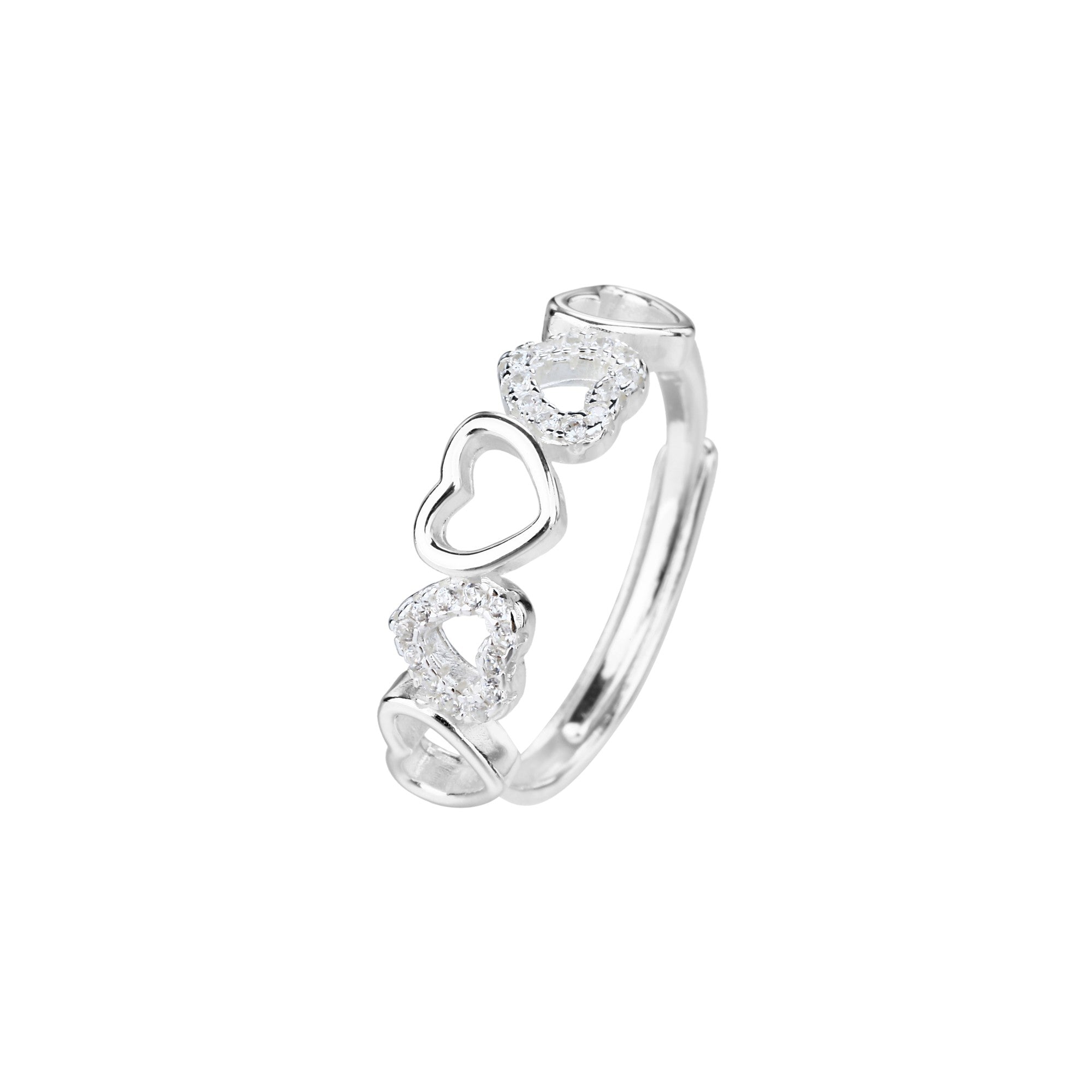 Anillo ajustable de corazones con circonia blanca en plateado