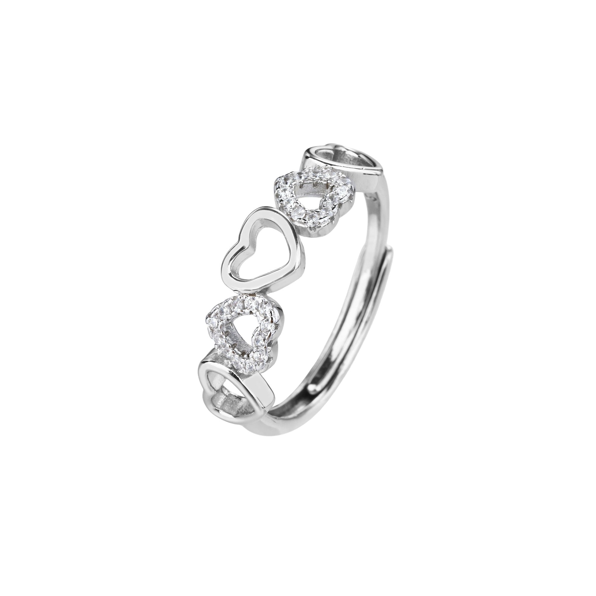 Anillo ajustable de corazones con circonia blanca en plateado