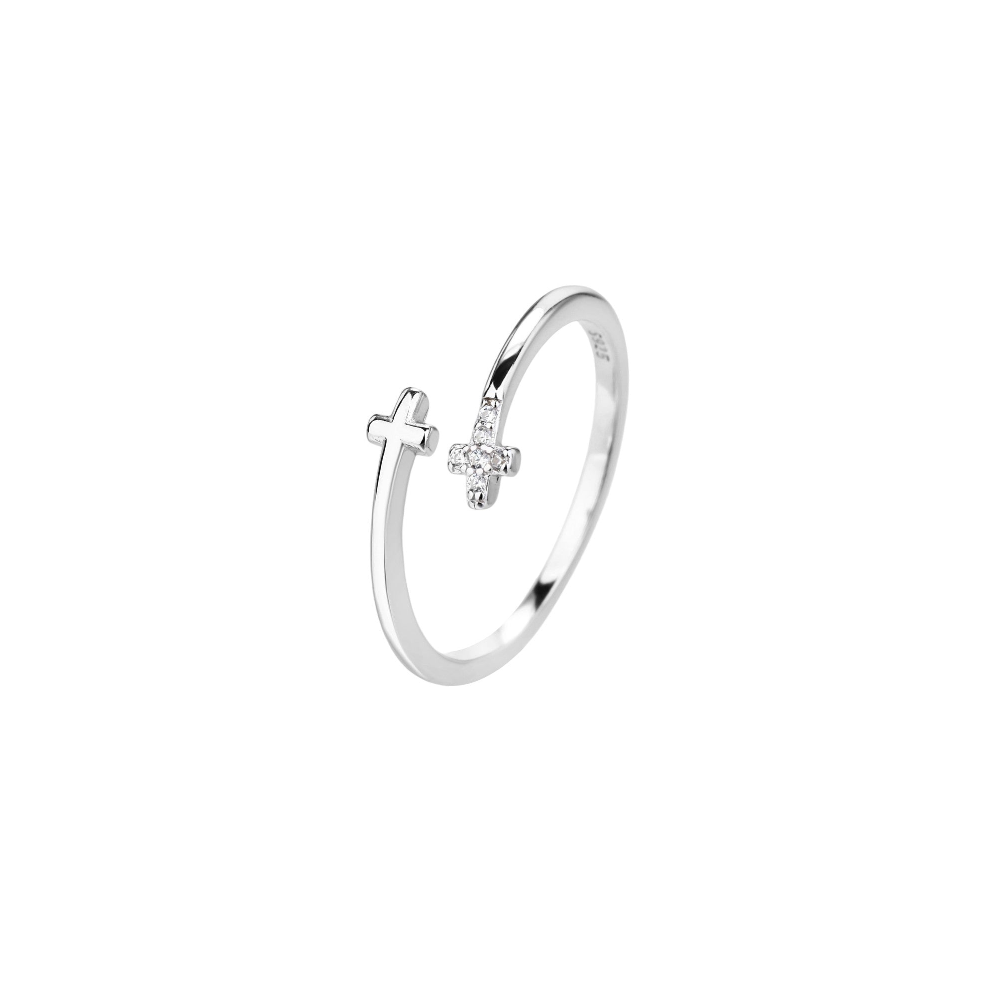 Anillo bypass de cruces con circonia blanca en plateado