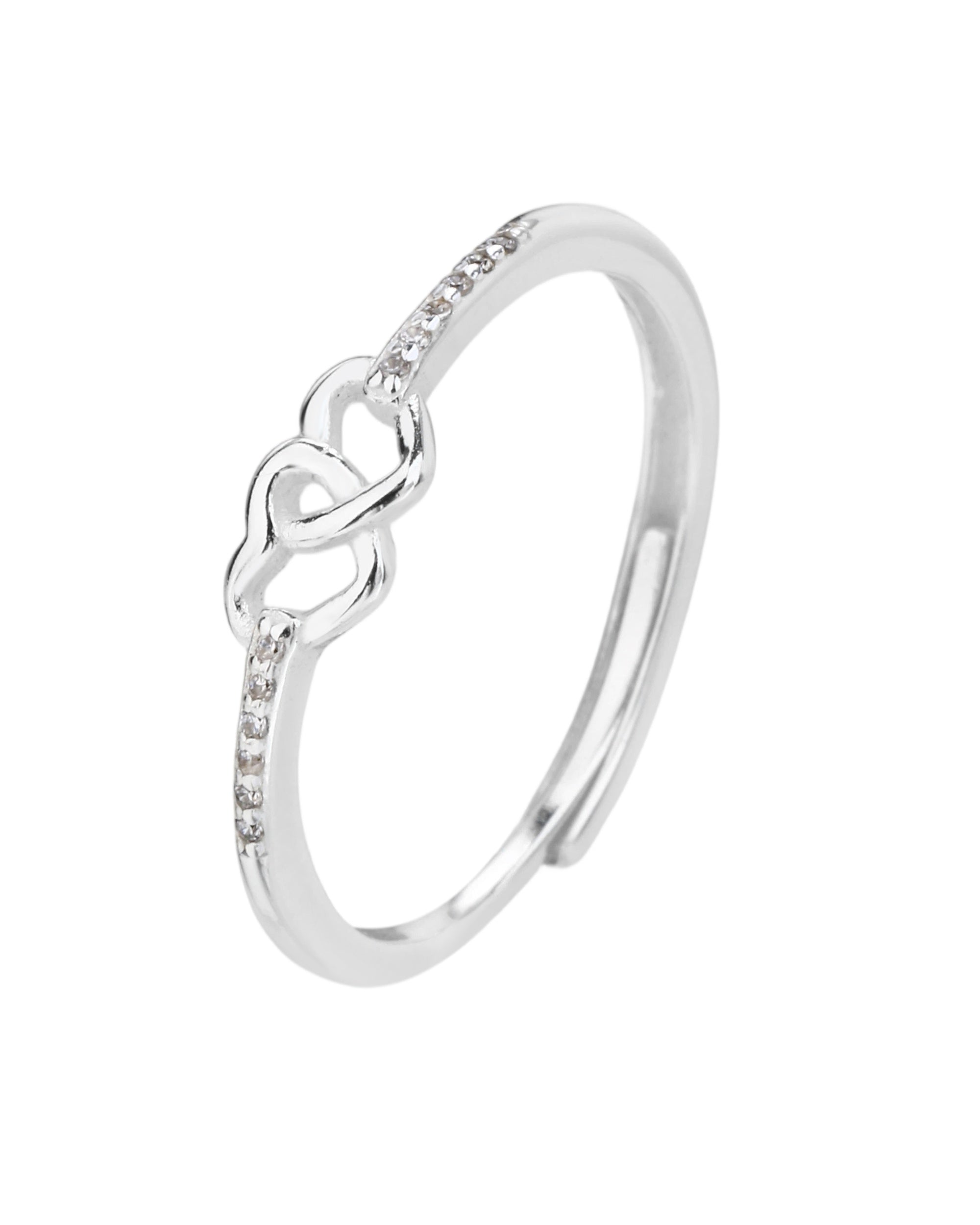 Anillo ajustable con doble corazon enlazado y circonias en plateado