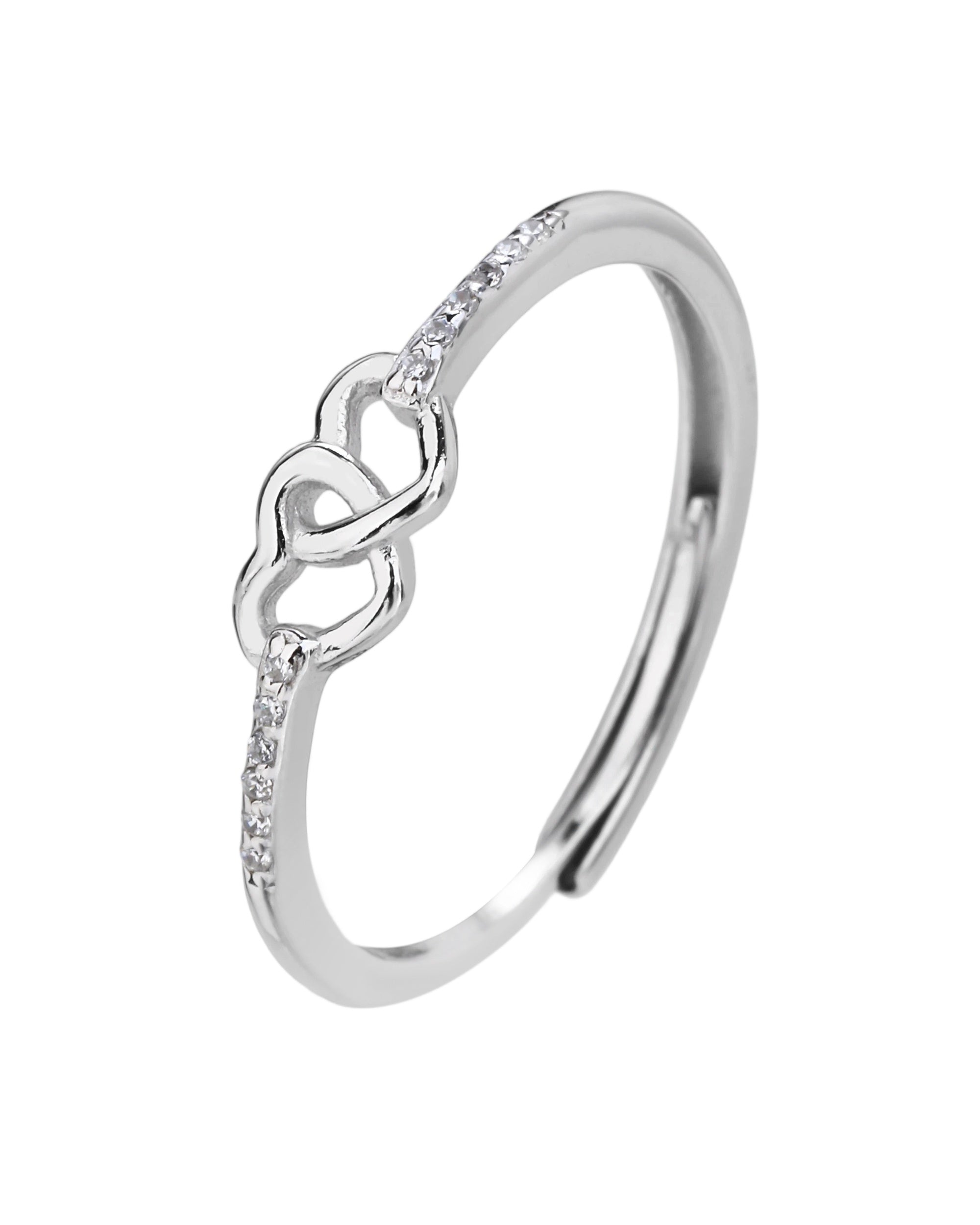 Anillo ajustable con doble corazon enlazado y circonias en rodizado