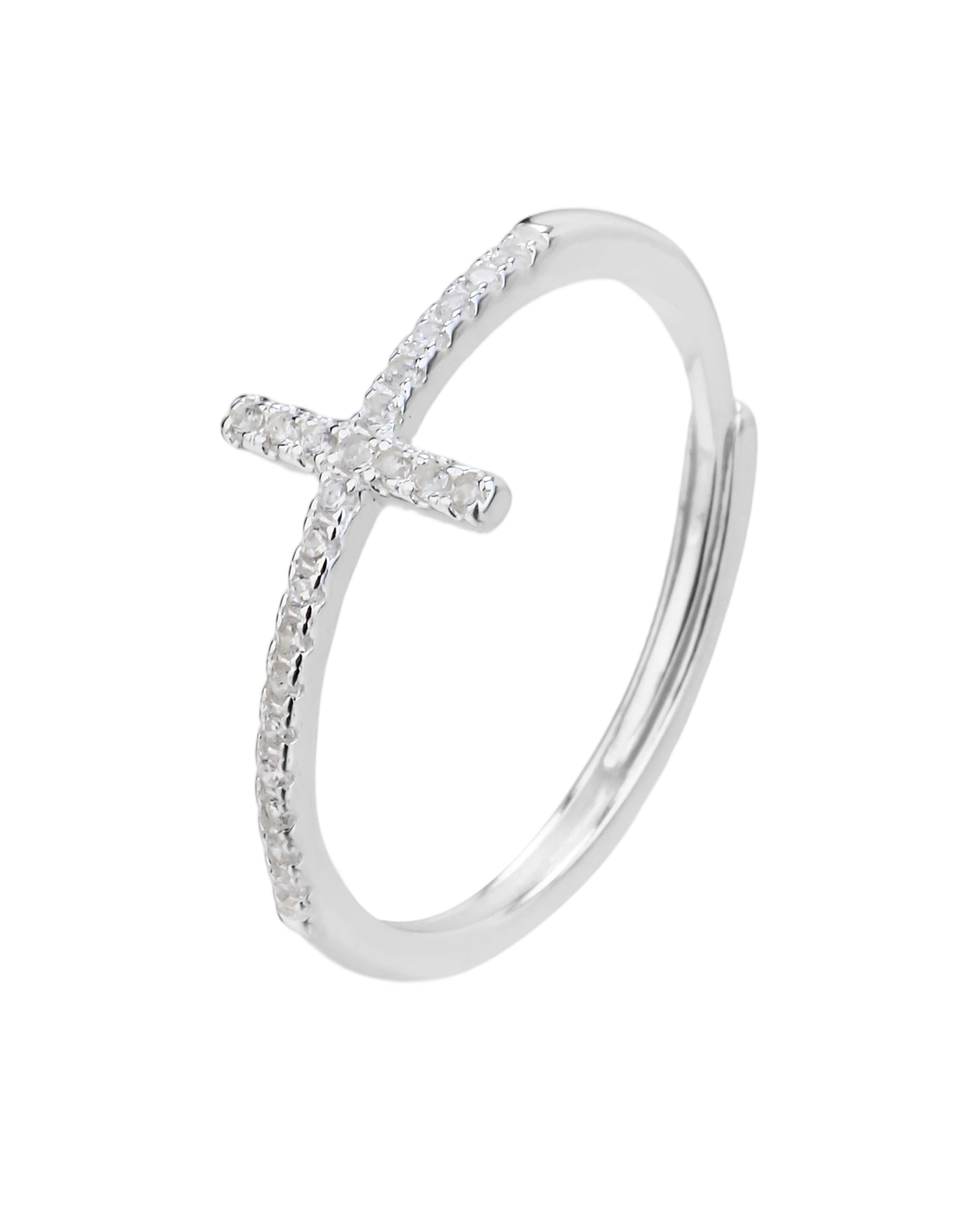Anillo ajustable de Cruz con microcirconias pave en plateado