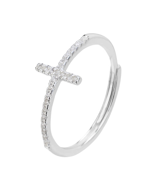 Anillo ajustable de cruz con circonia blanca en plateado