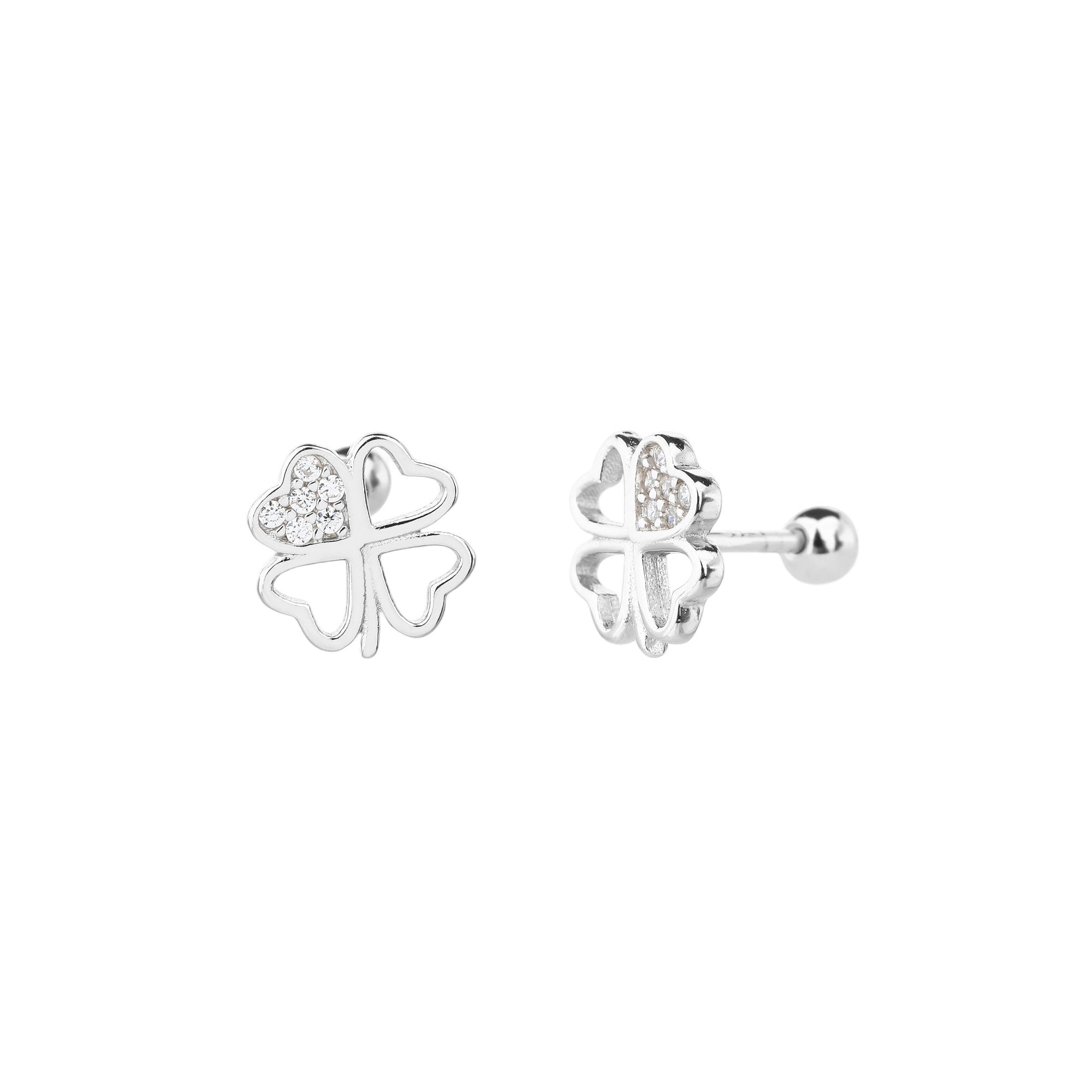 Arete dormilon de trebol liso con circonia blanca en plateado