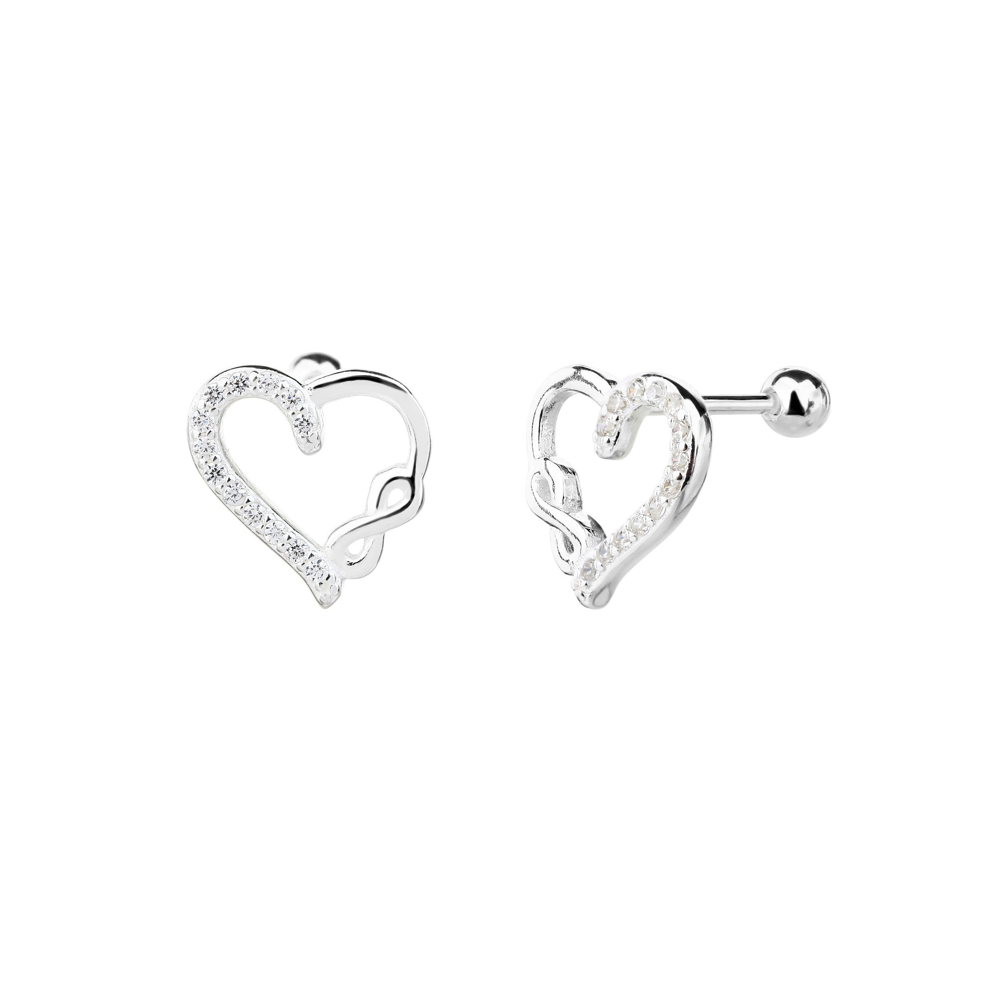Arete dormilon de corazon e infinito liso con circonia blanca en plateado