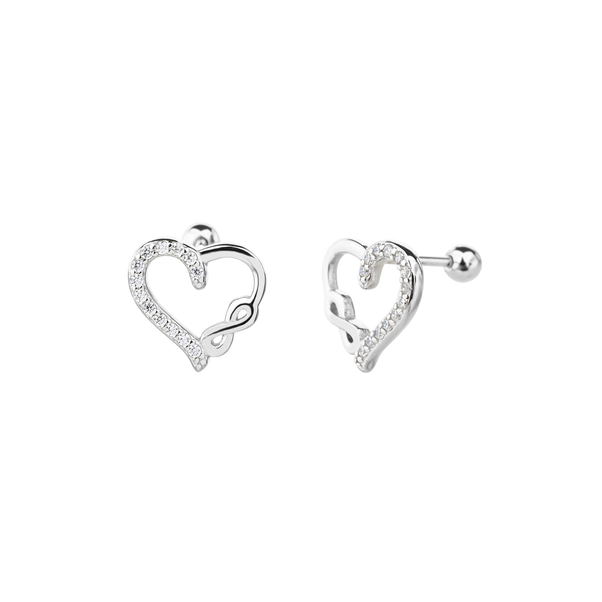 Arete dormilon de corazon e infinito liso con circonia blanca en plateado