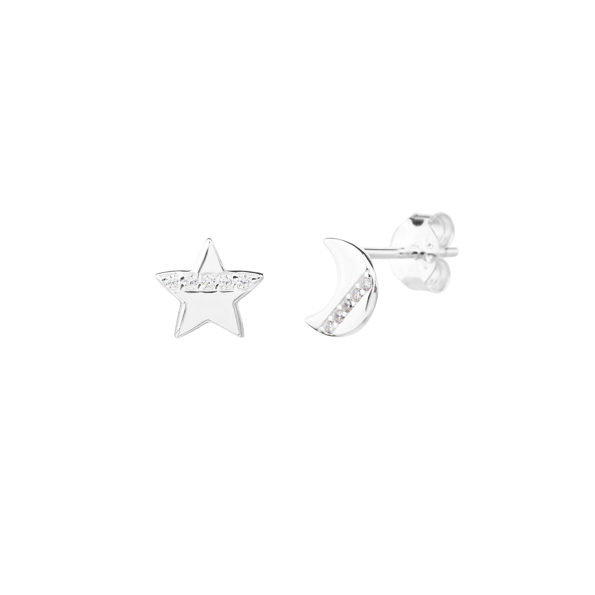 Broquel de luna y estrella liso con circonia blanca en plateado