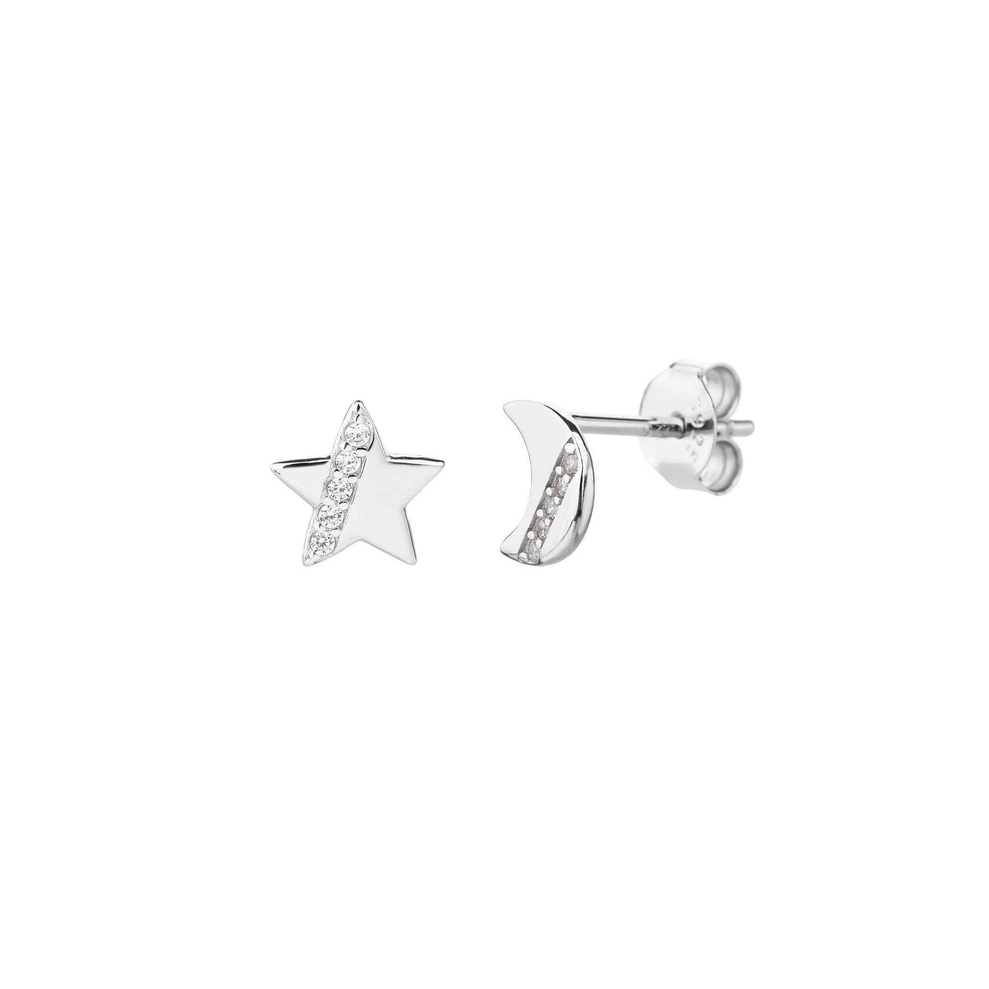 Broquel de luna y estrella liso con circonia blanca en plateado