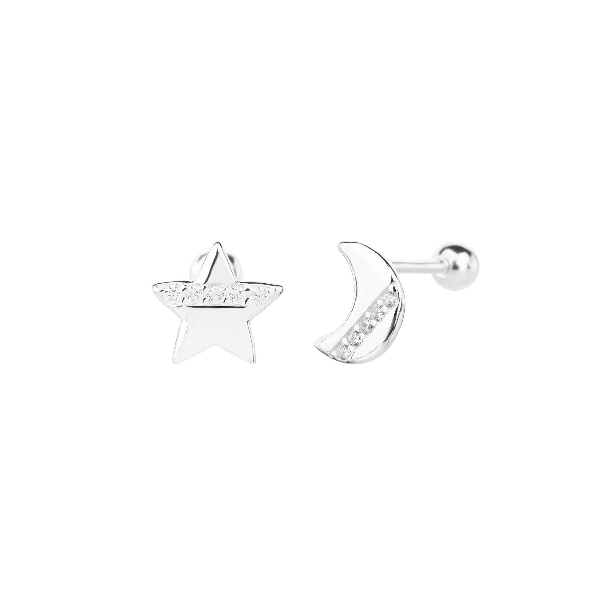 Arete dormilon de luna y estrella liso con circonia blanca en plateado