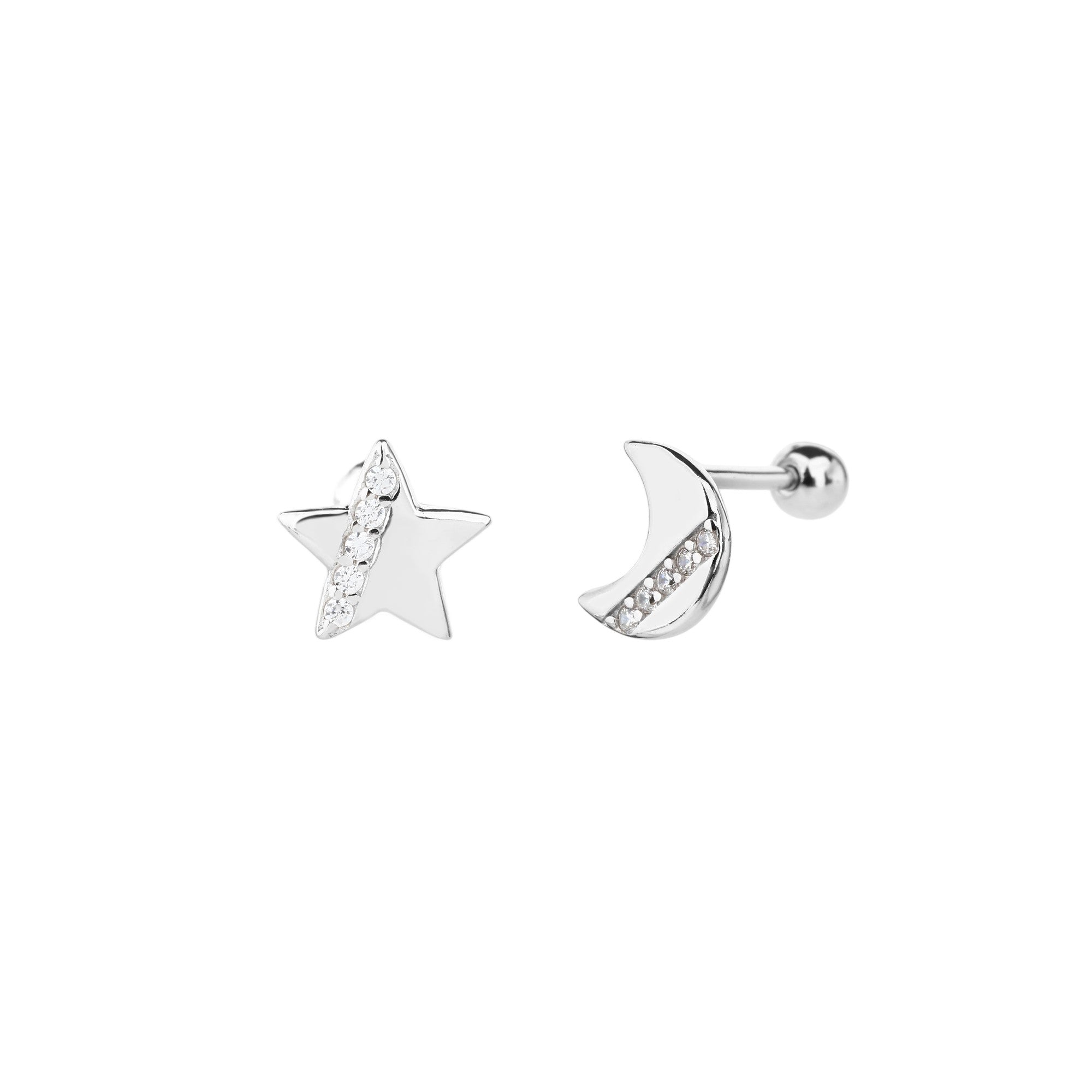 Arete dormilon de luna y estrella liso con circonia blanca en plateado