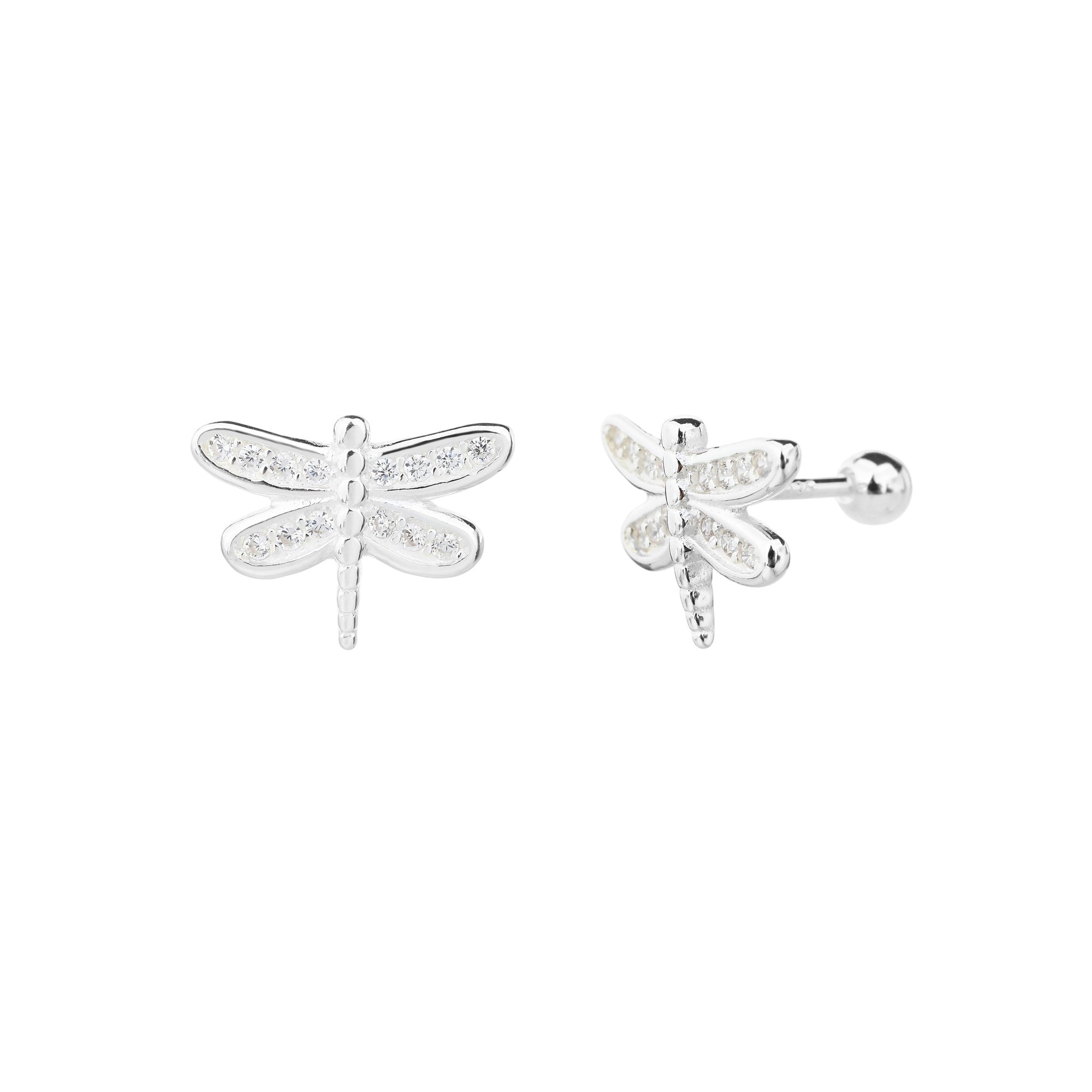Arete dormilon de libelula con circonia blanca en plateado