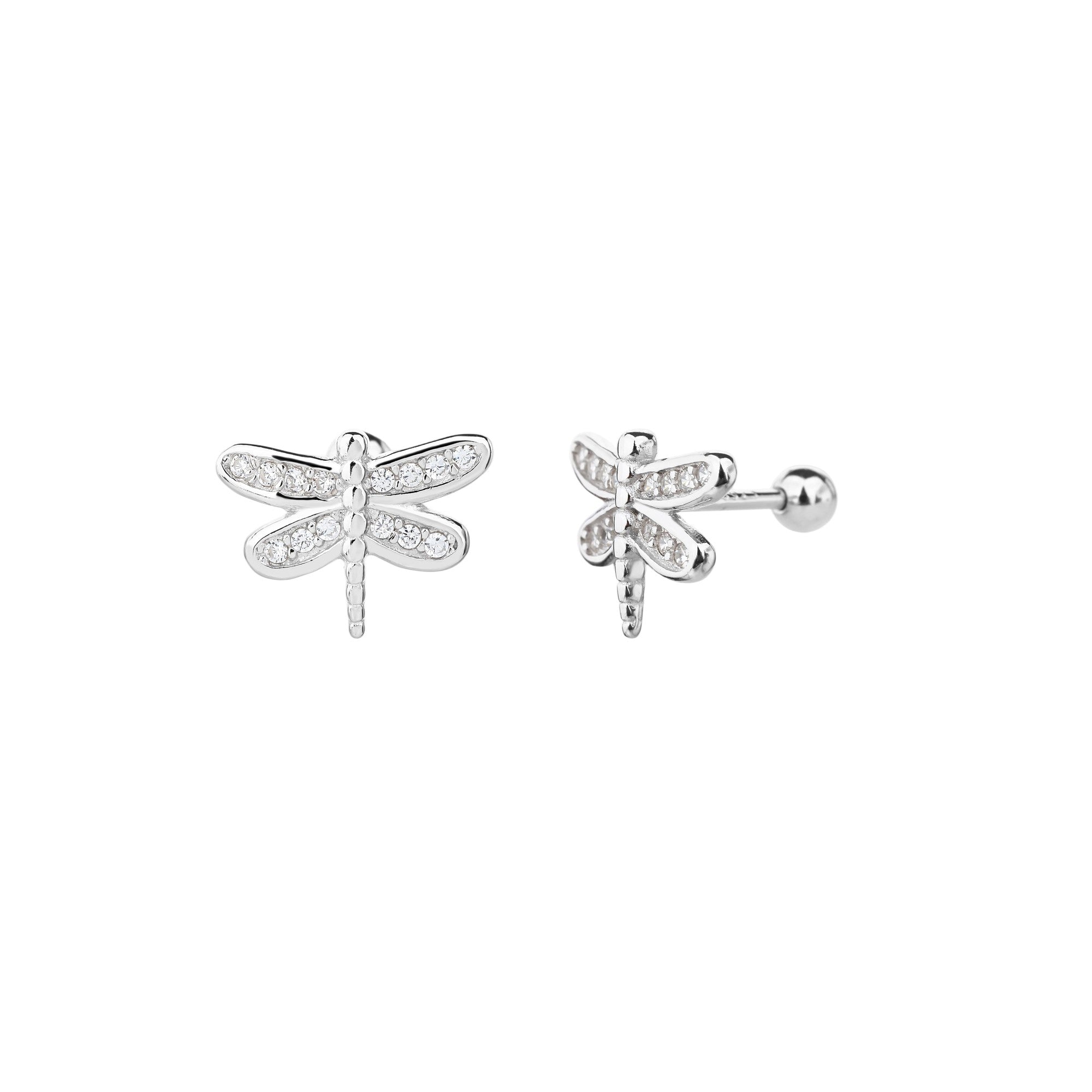 Arete dormilon de libelula con circonia blanca en plateado