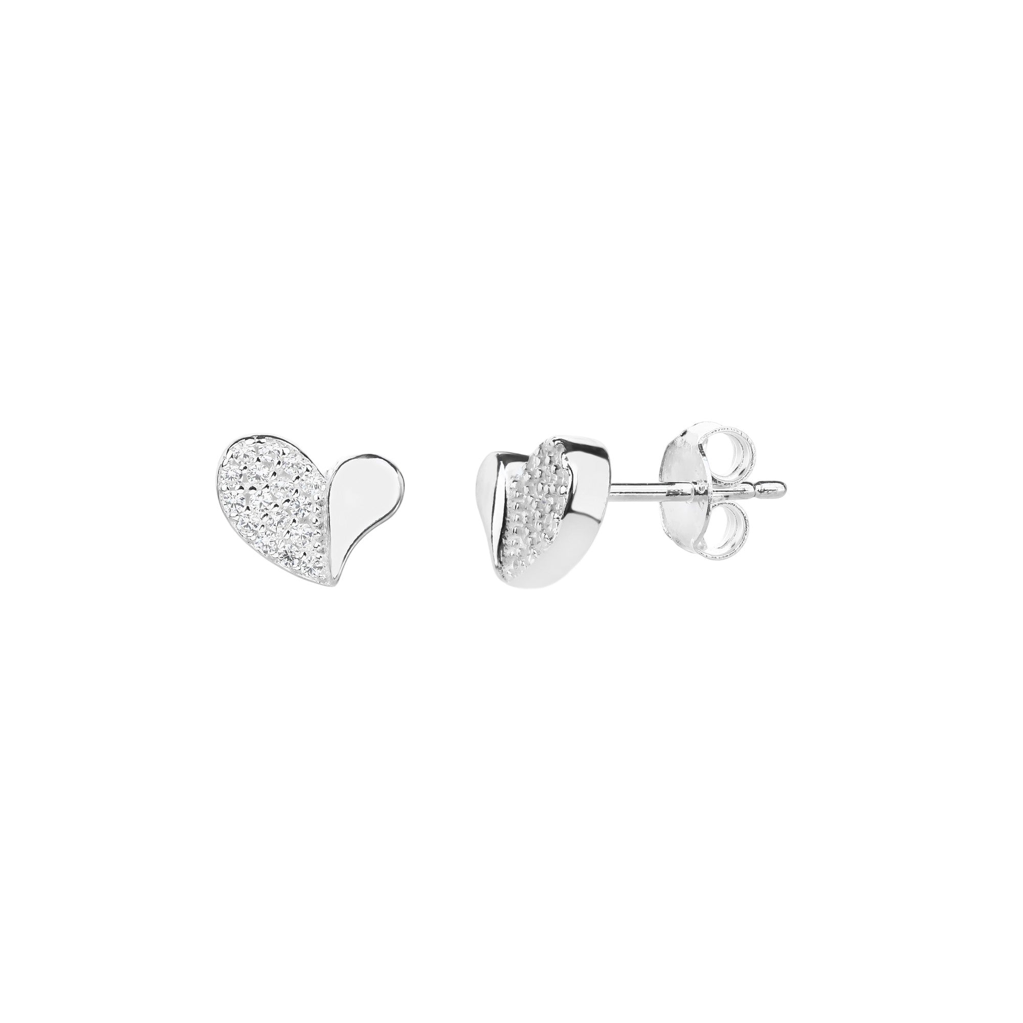 Broquel de corazon con circonia blanca en plateado