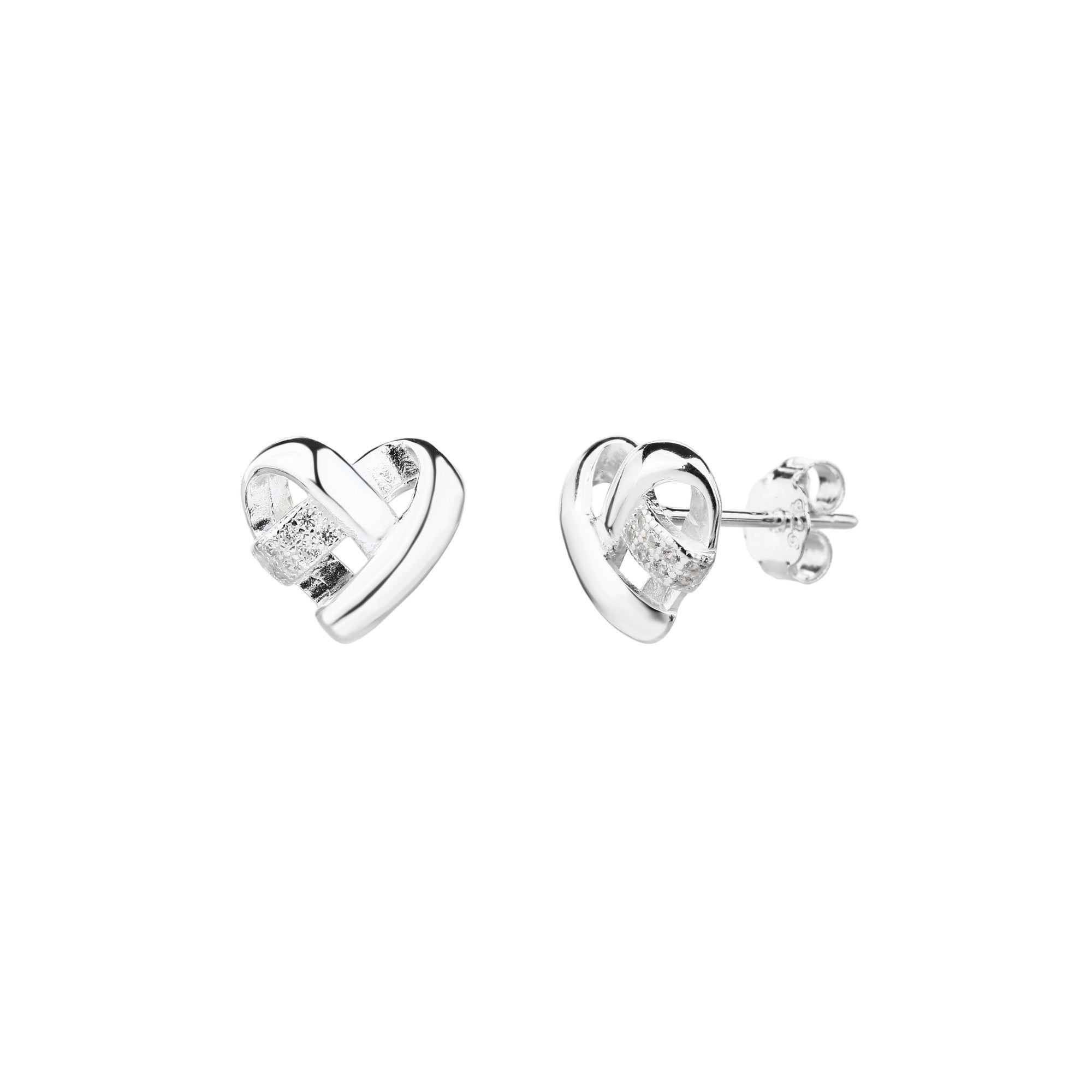 Broquel de corazon liso con circonia blanca en plateado