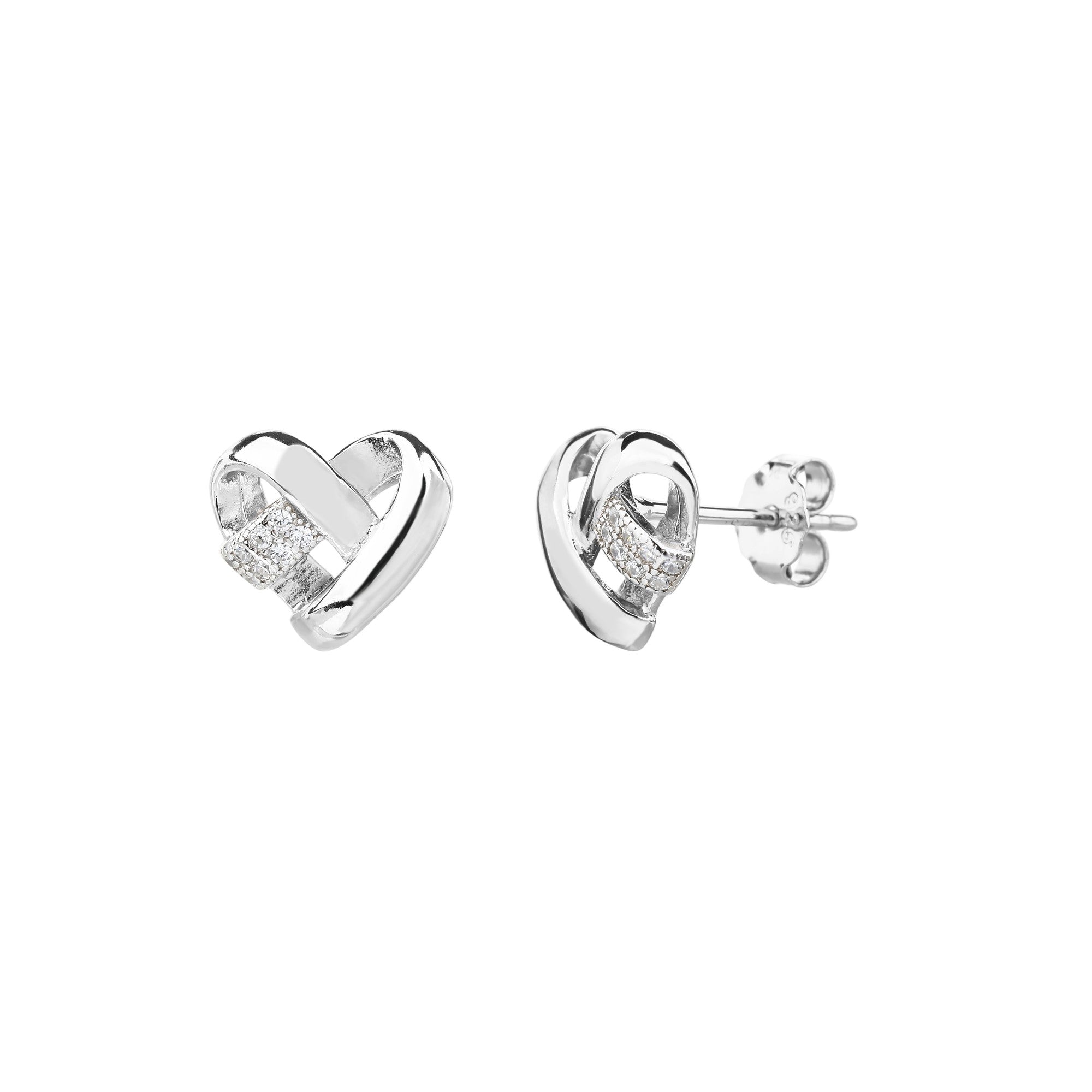 Broquel de corazon liso con circonia blanca en plateado