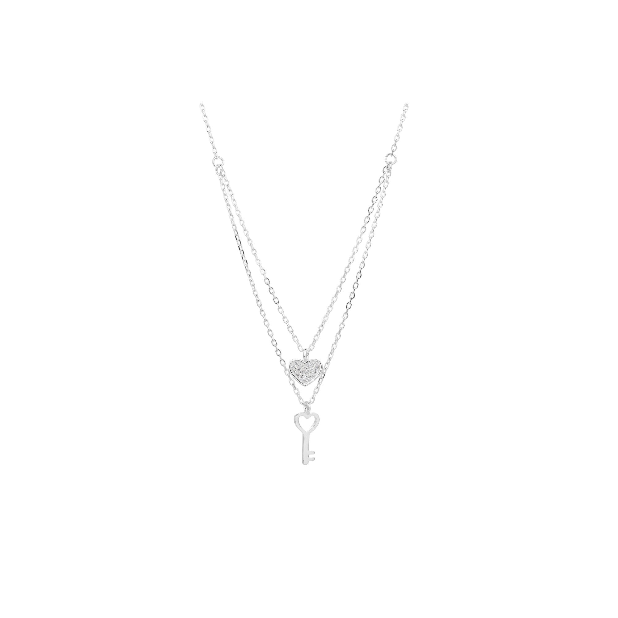Collar de llave y corazon con circonias blanca 45+5cm en plateado