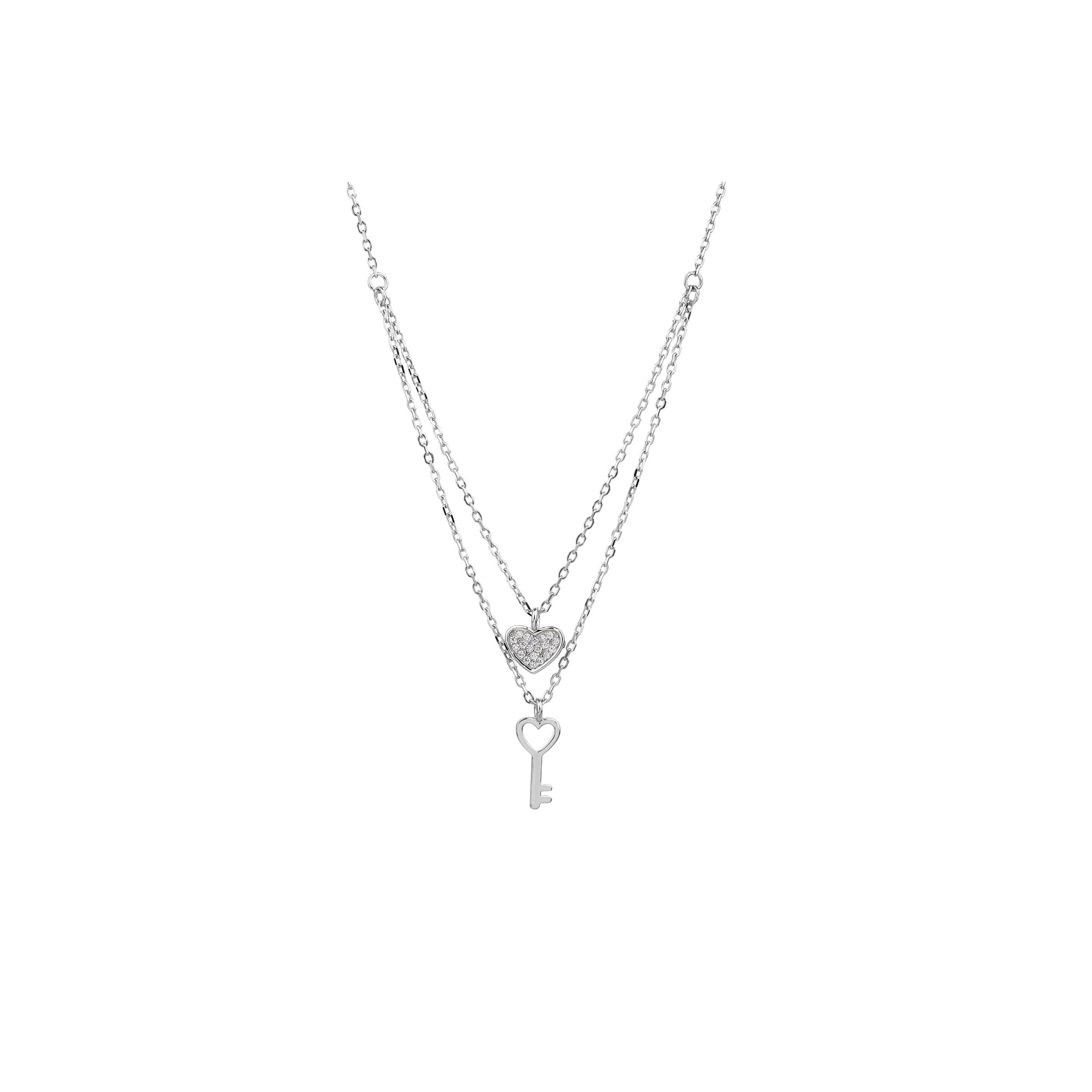 Collar de llave y corazon con circonias blanca 45+5cm en plateado