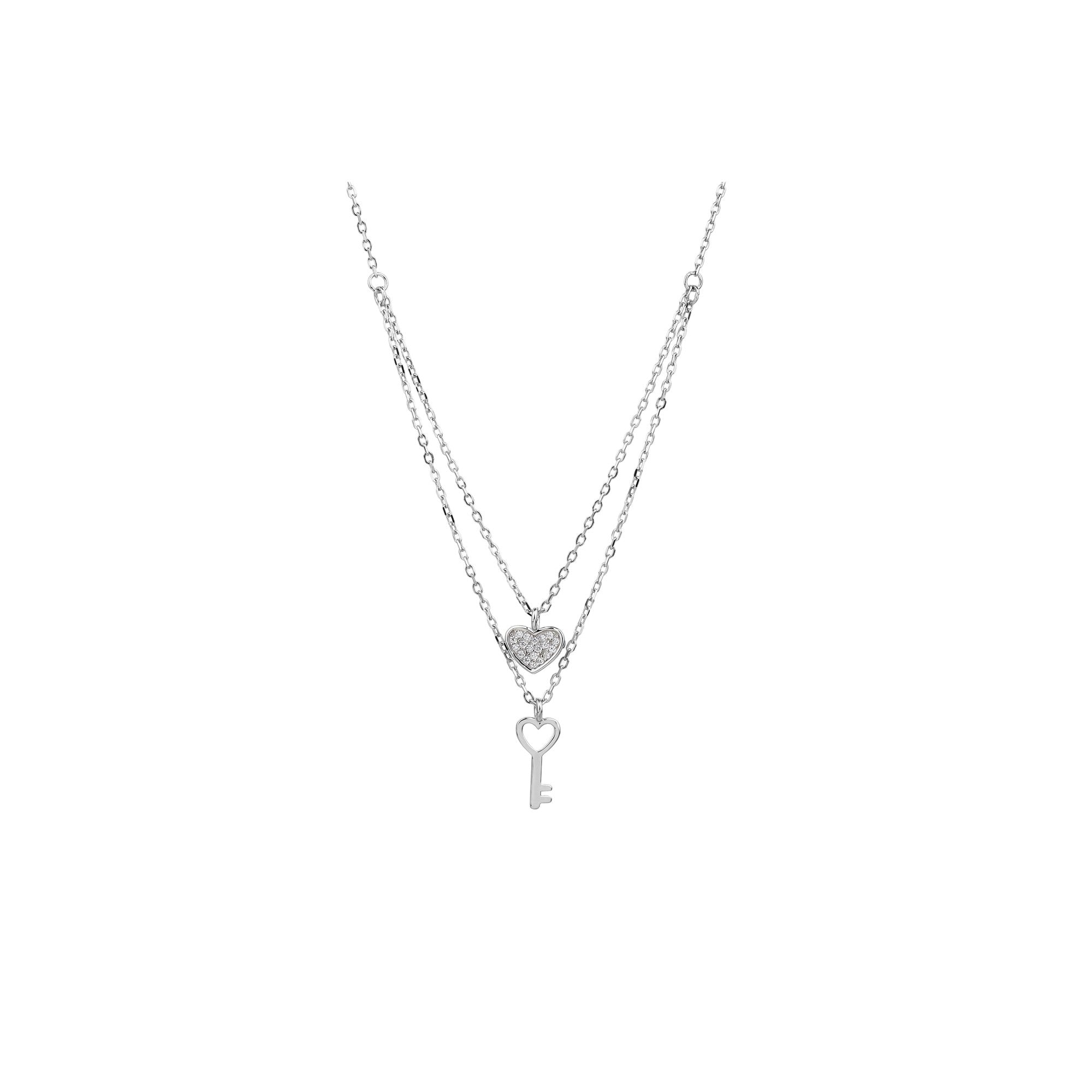 Collar de llave y corazon con circonias blanca 45+5cm en plateado