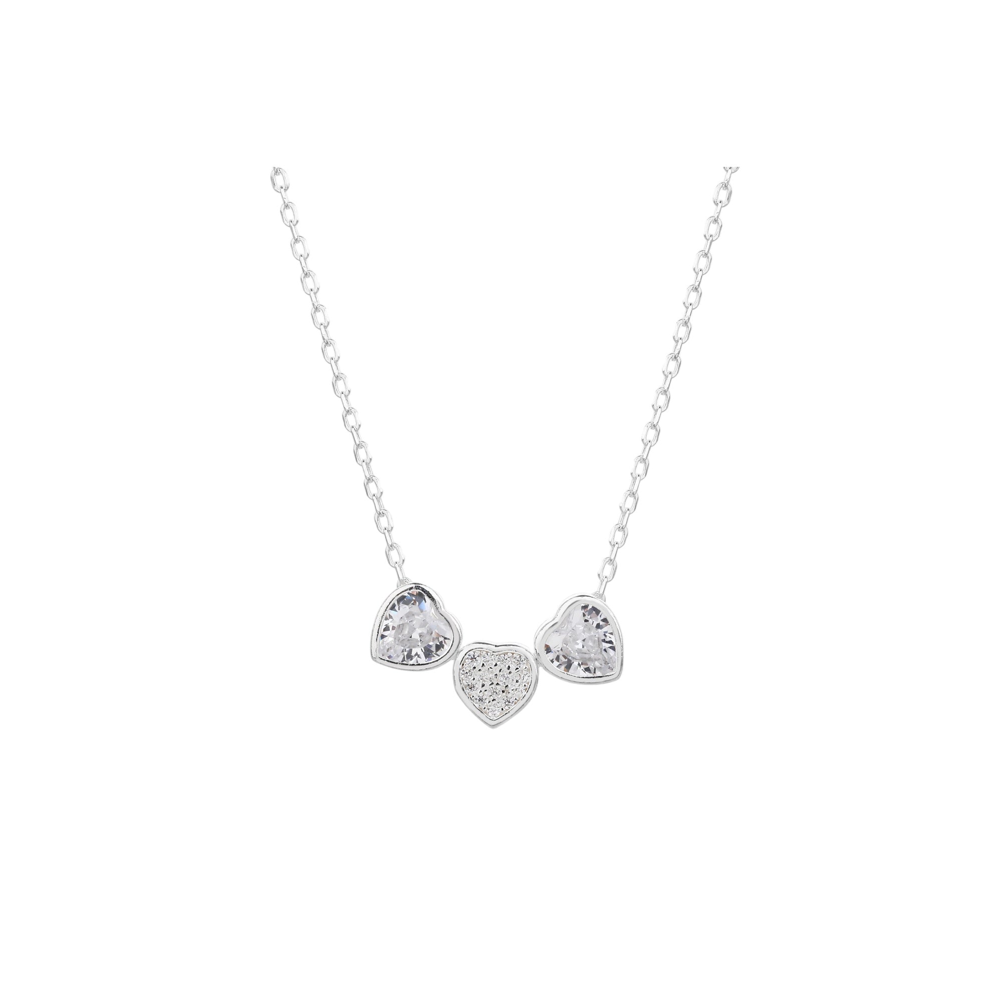 Collar de corazones bisel liso con circonias blanca 45+5cm en plateado