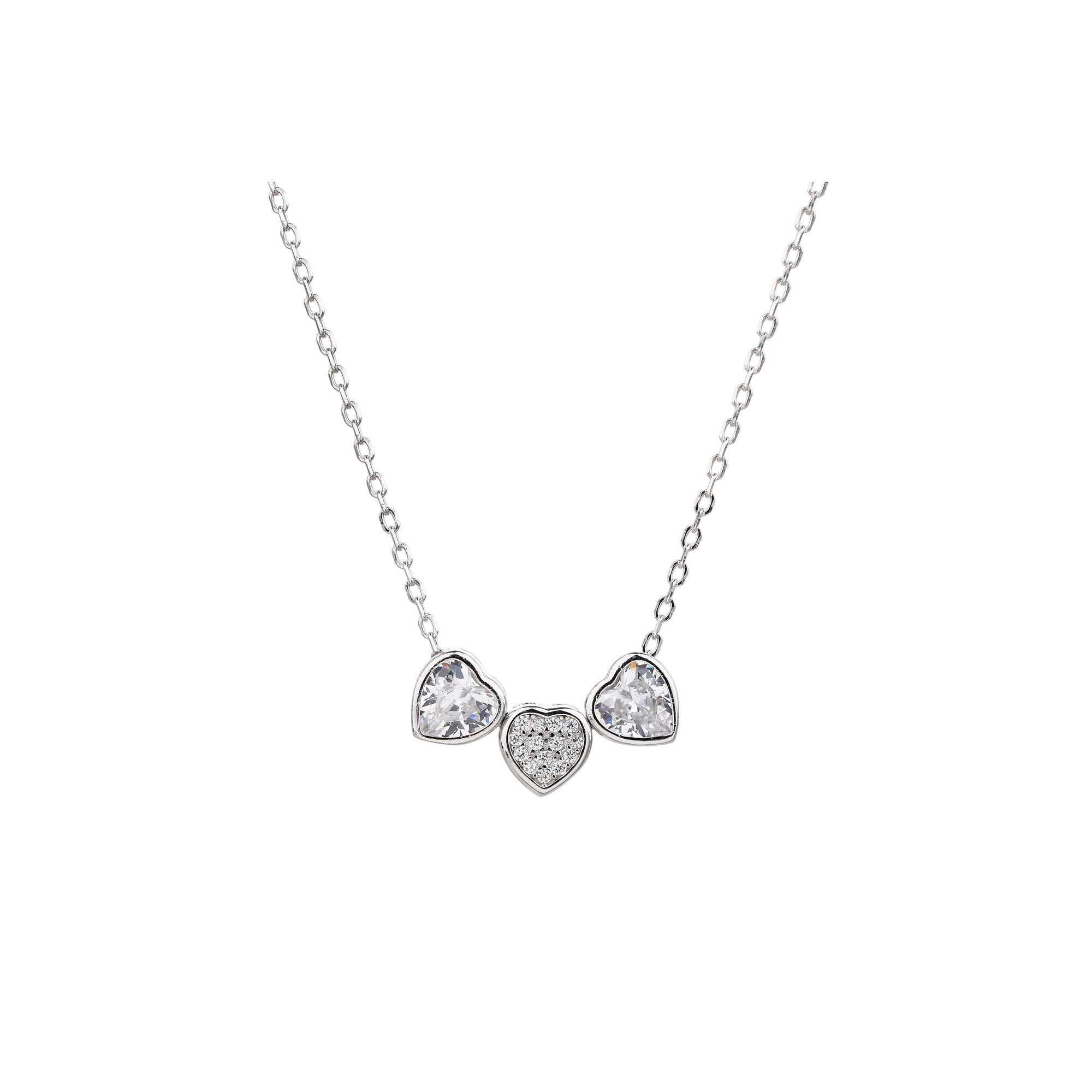 Collar de corazones bisel liso con circonias blanca 45+5cm en plateado