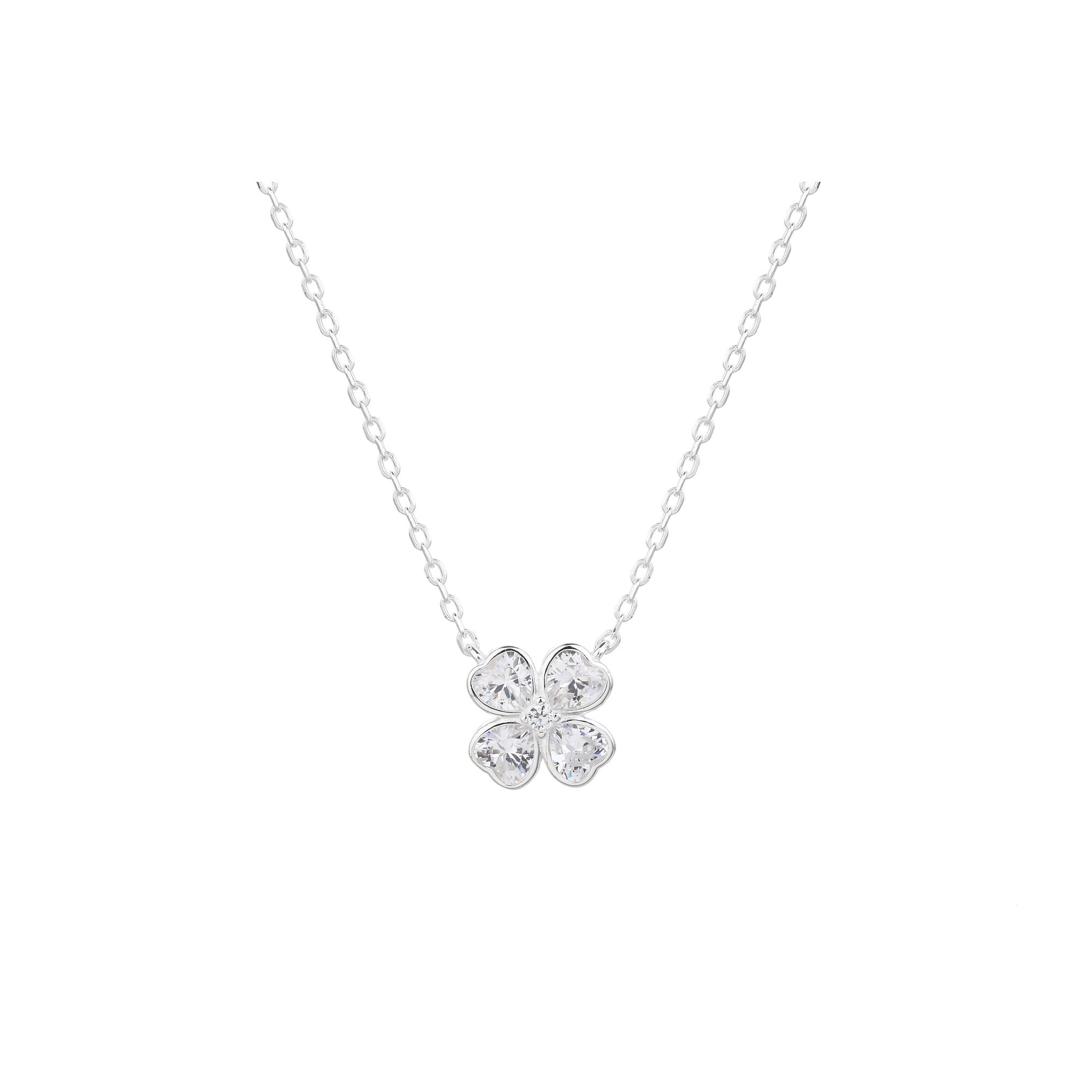 Collar de trebol de corazones con circonia blanca 45+5cm en plateado