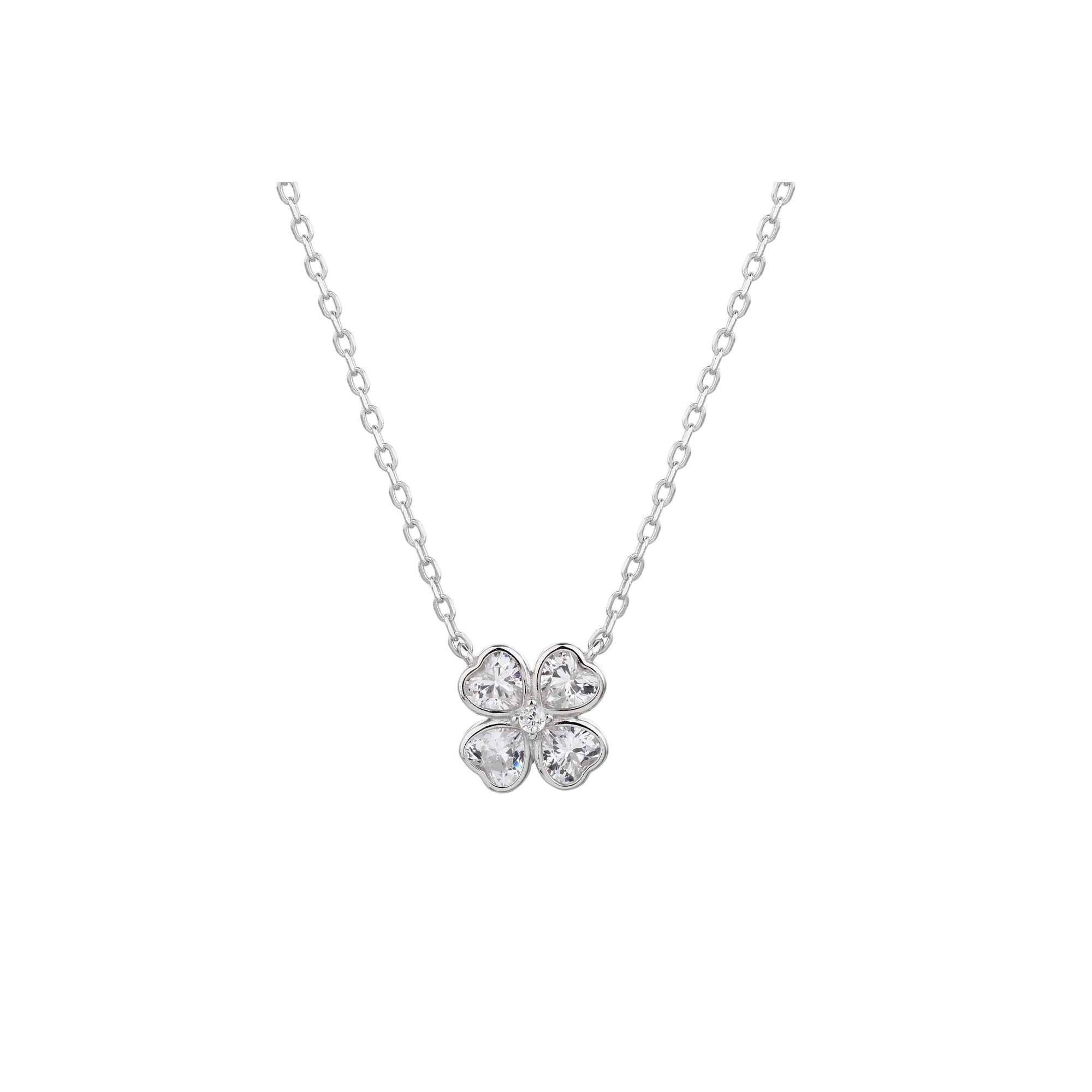 Collar de trebol de corazones con circonia blanca 45+5cm en plateado