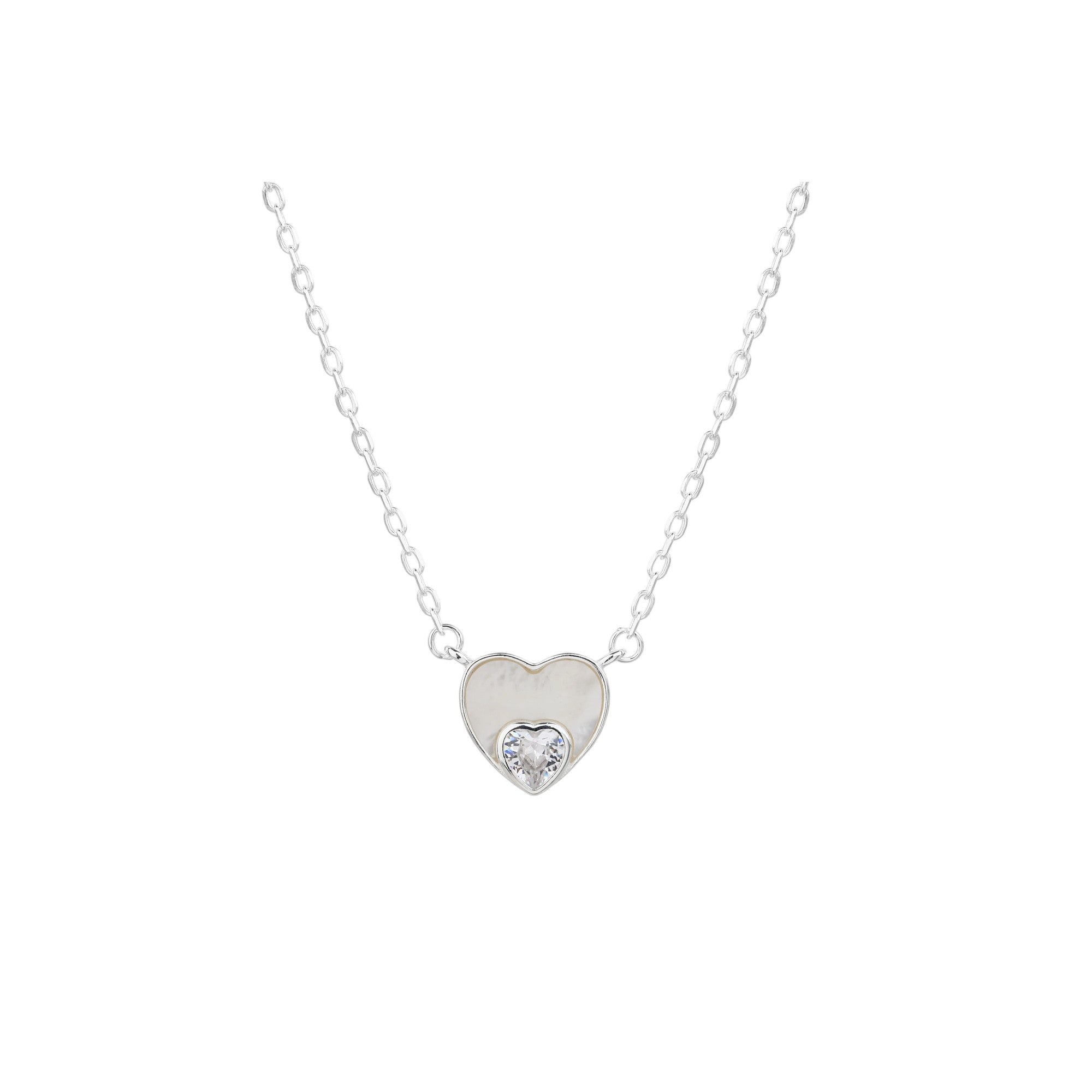 Collar corazon madre perla con circonia blanca 45+5cm en plateado