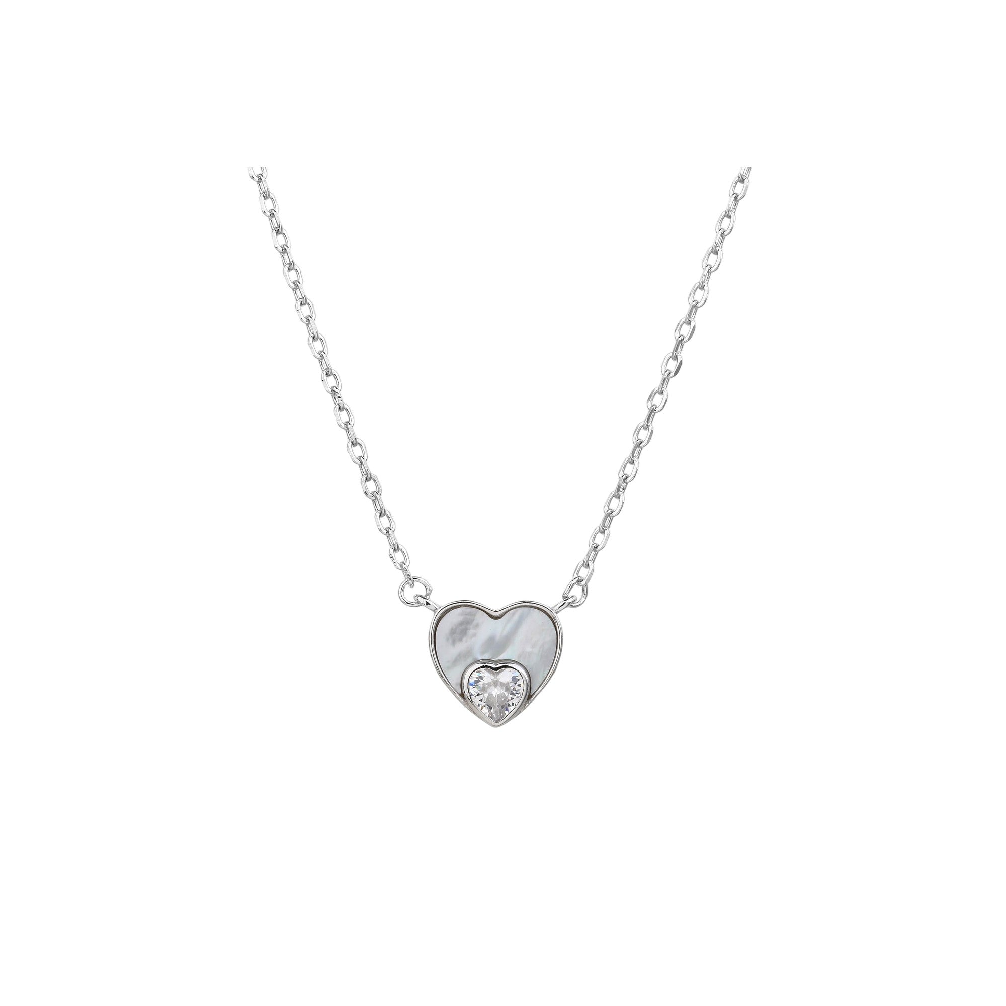 Collar corazon madre perla con circonia blanca 45+5cm en plateado