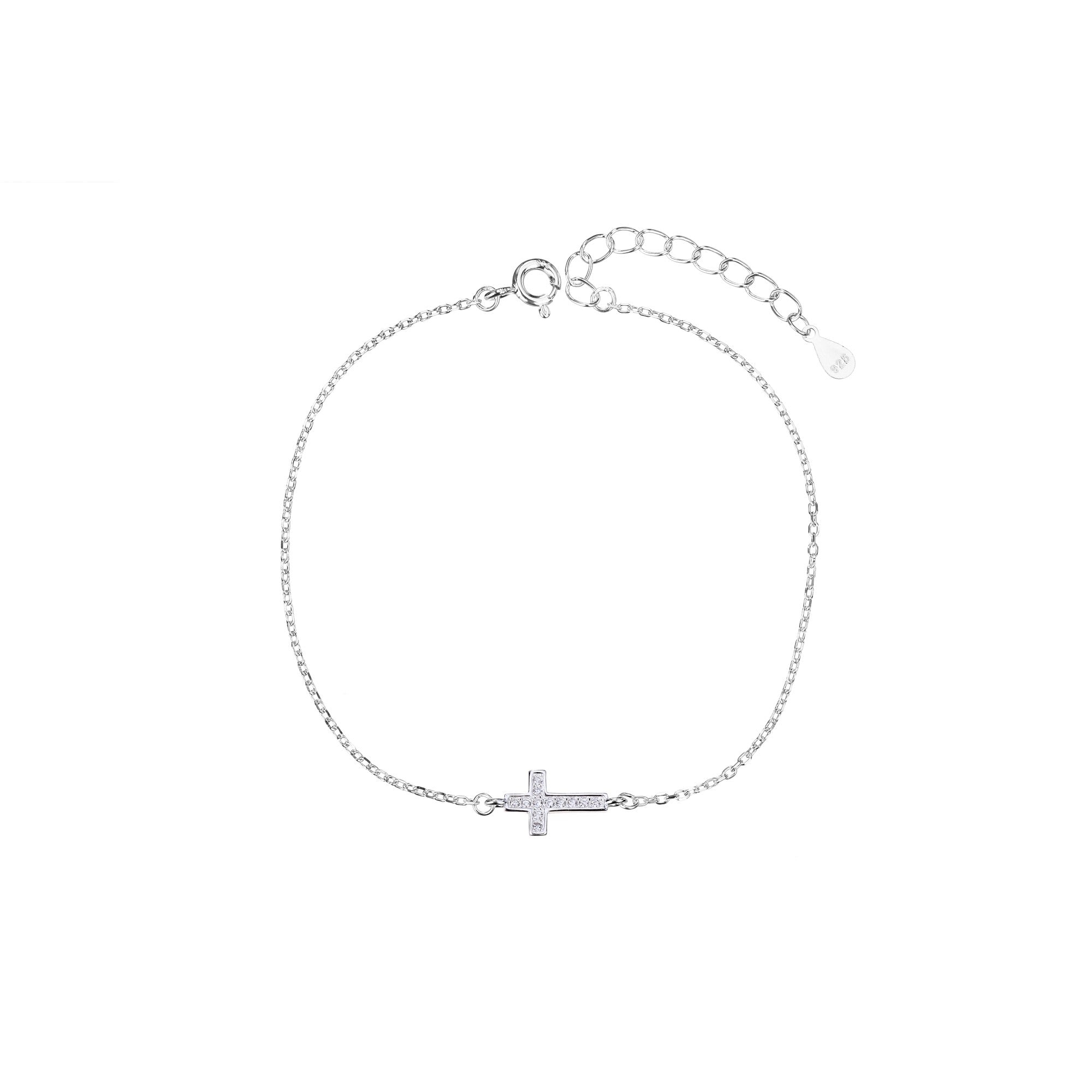 Pulsera sencilla de Cruz con circonia blanca 17+3cm en rodizado