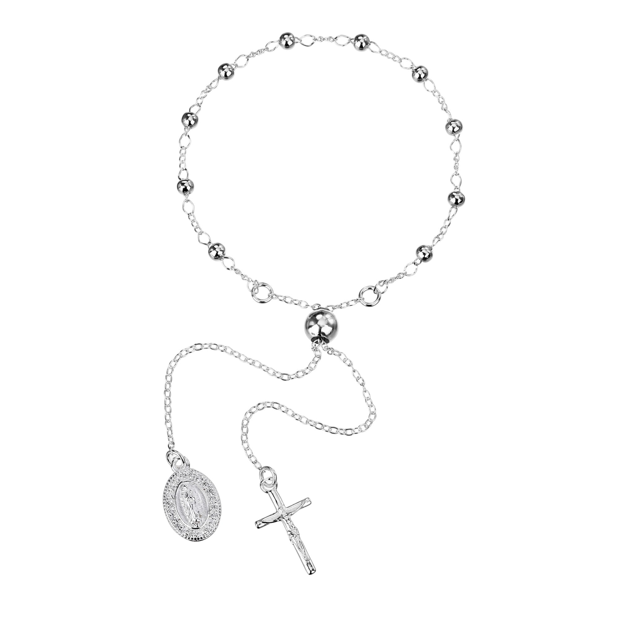 Misterio ajustable de Cruz y Virgen de Guadalupe con circonia blanca en plateado