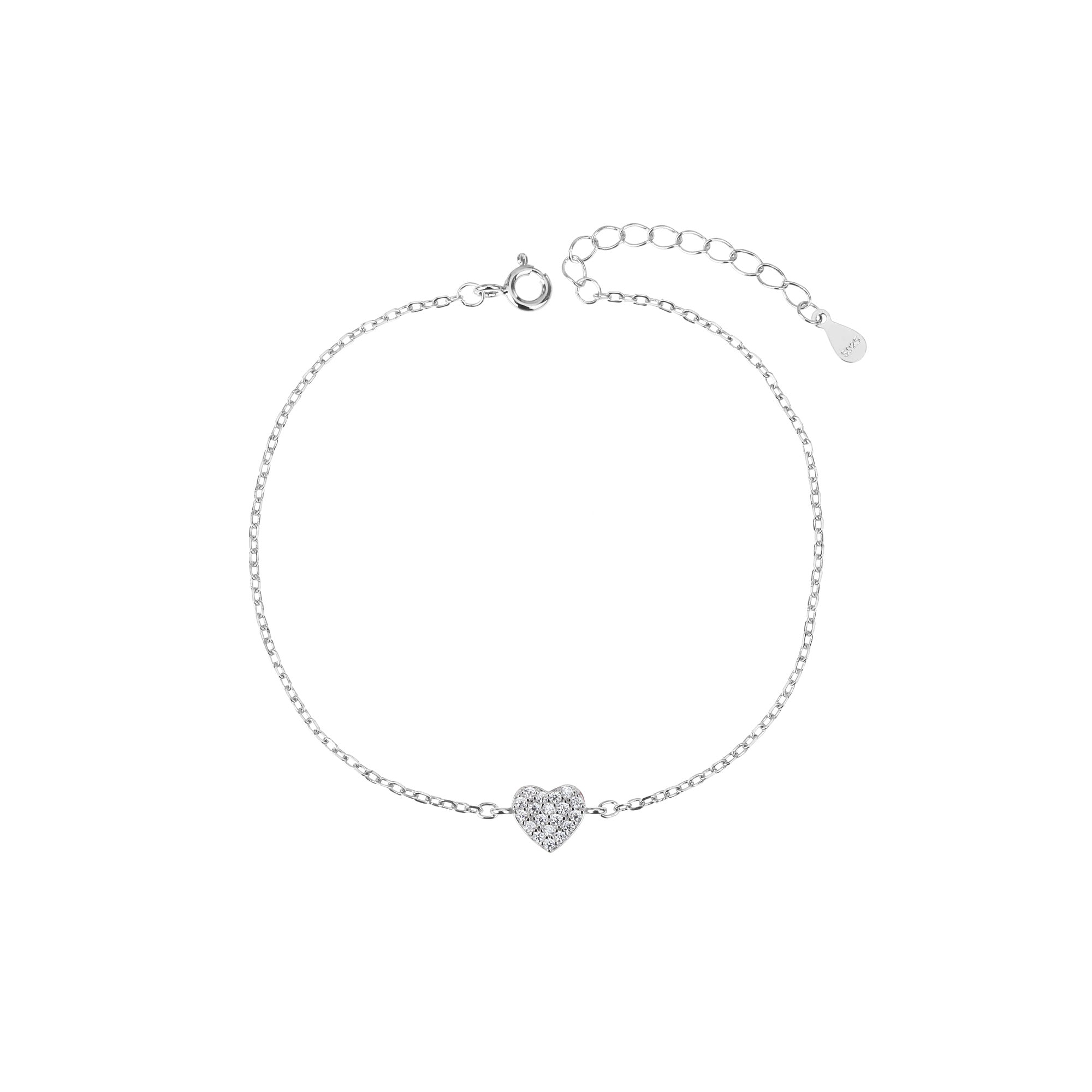 Pulsera sencilla de corazon con circonia blanca 17+3cm en rodizado