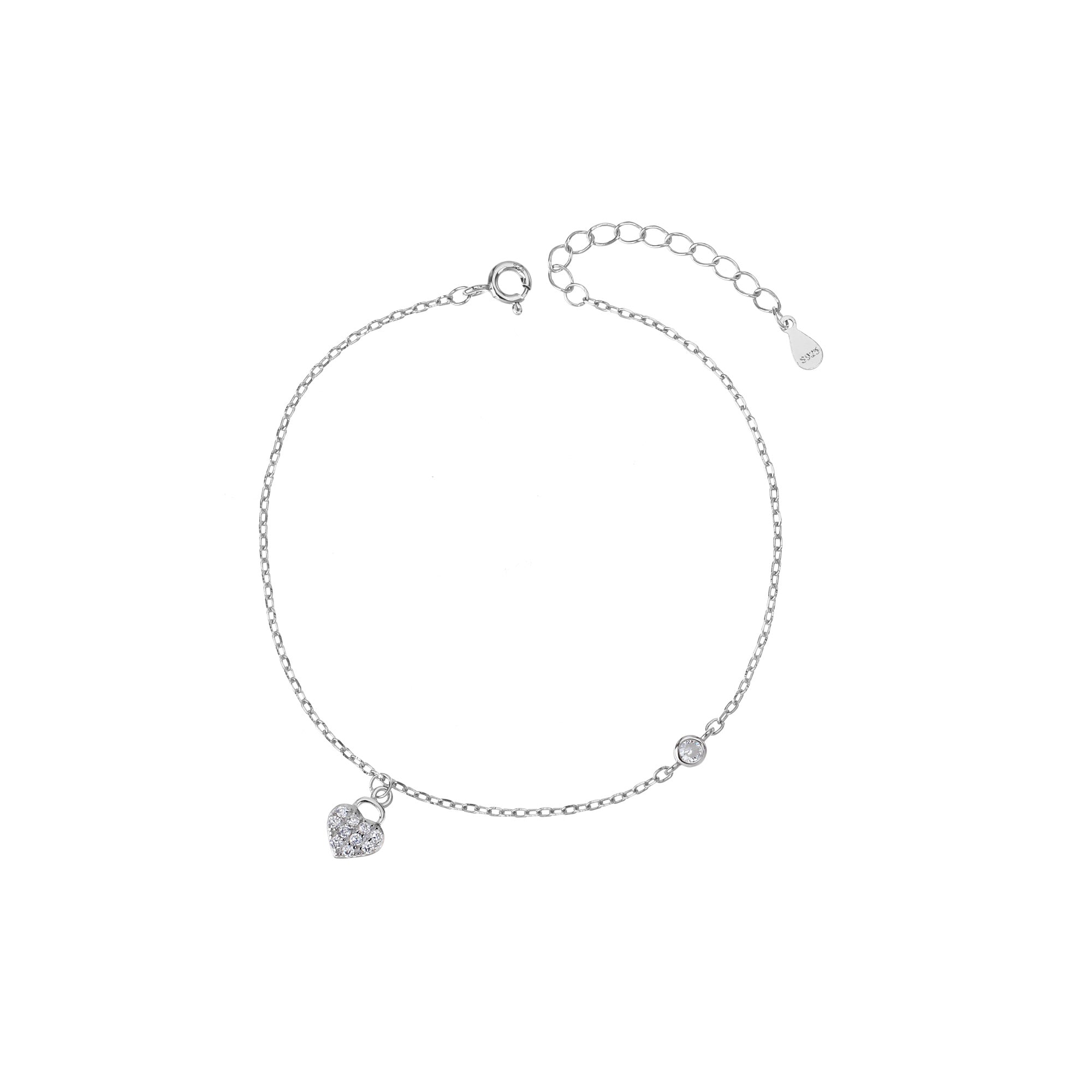Pulsera sencilla de corazon con circonia blanca 17+3cm en rodizado